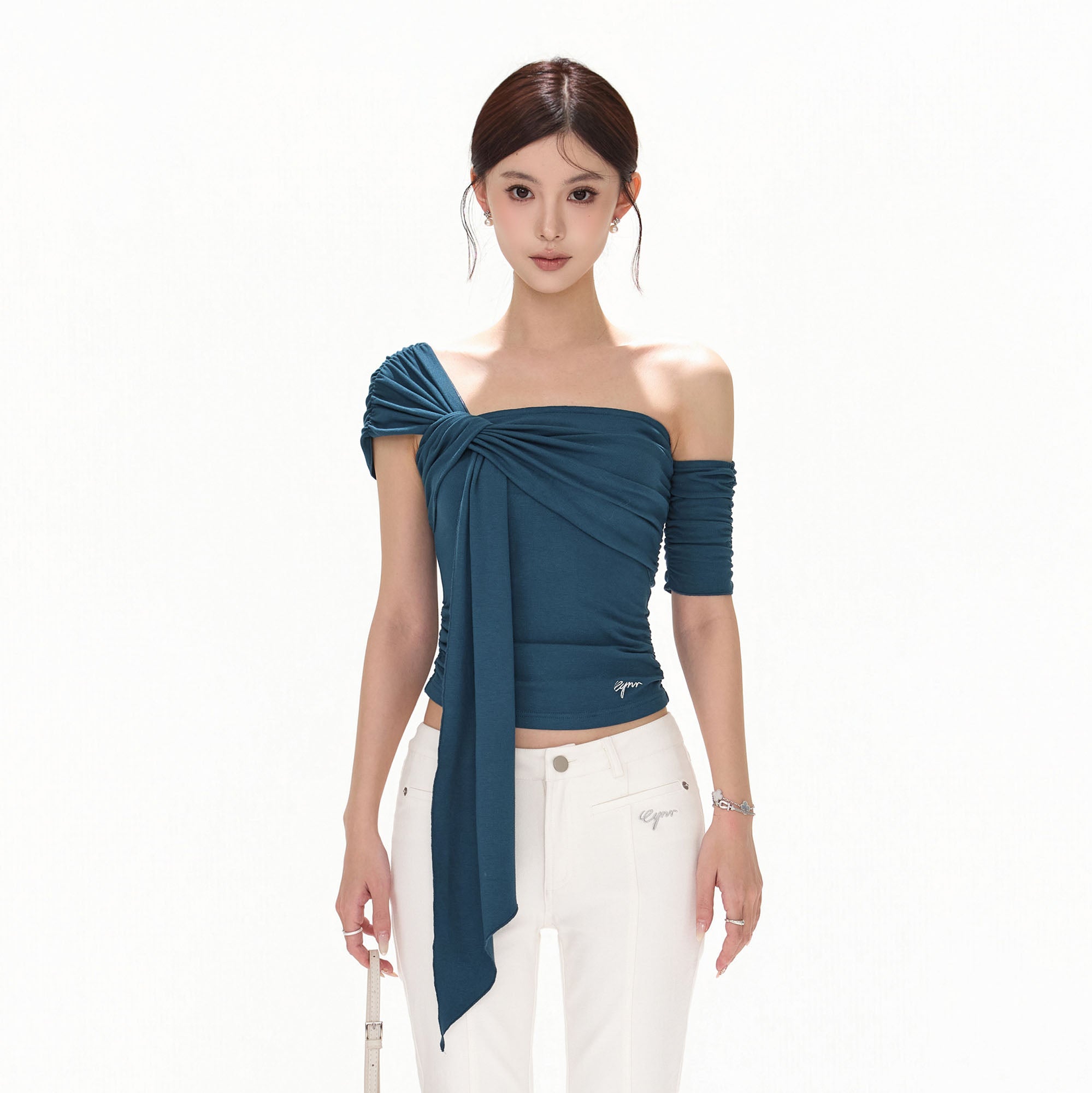 CYNR Twist-Drape Off-Shoulder Top Blue