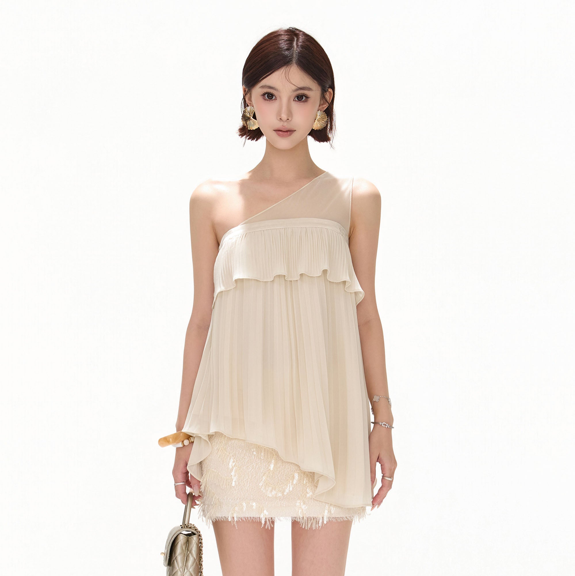 CYNR Asymmetrical-Shoulder Crinkled Ruffle Top