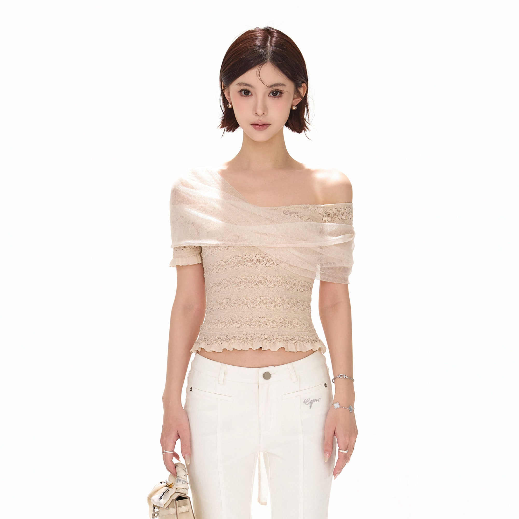 CYNR Sheer Draped Off-Shoulder Lace Top