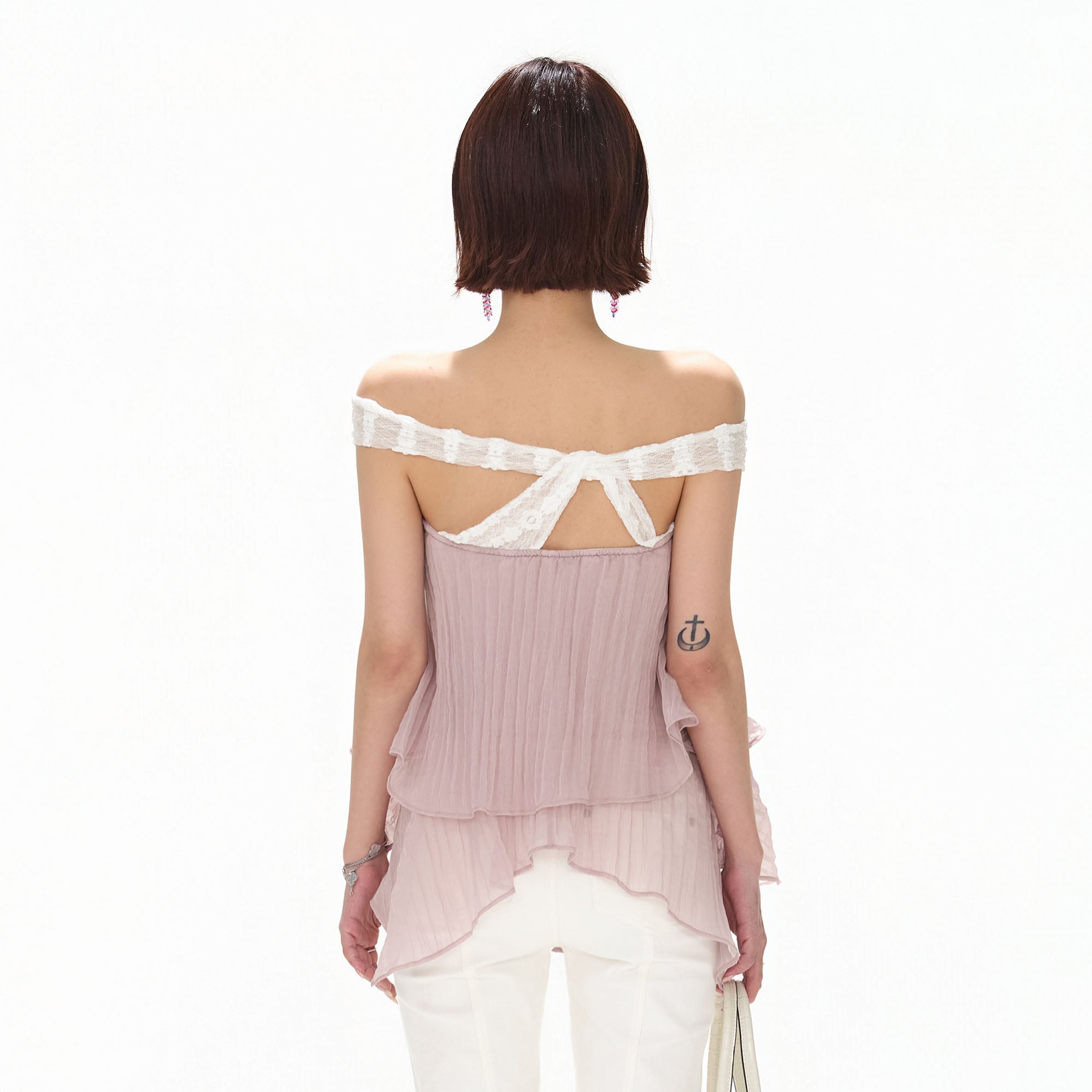 CYNR Off-Shoulder Layered Chiffon Top Light Lilac