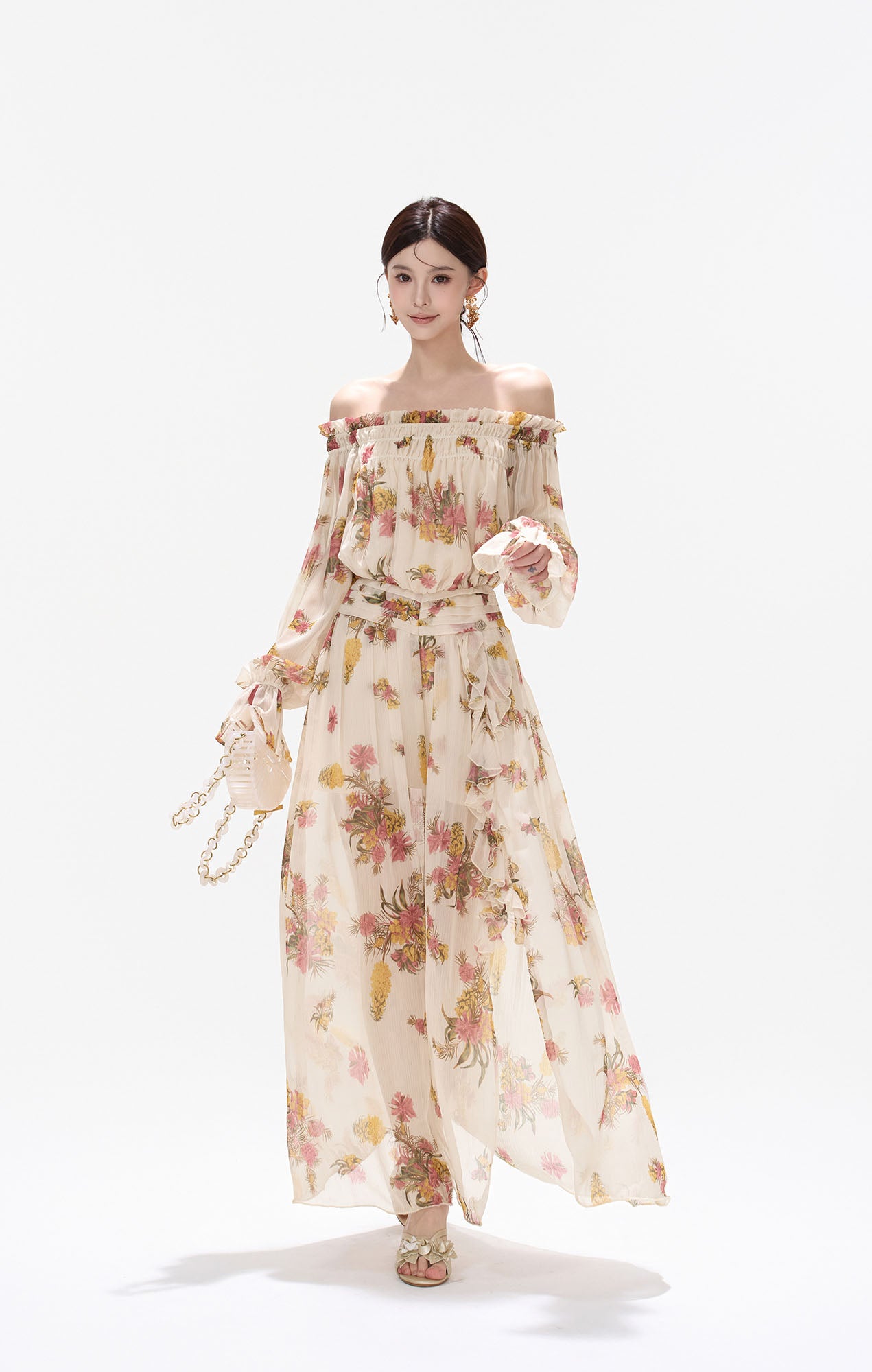 CYNR Off-Shoulder Floral Slit Maxi Dress