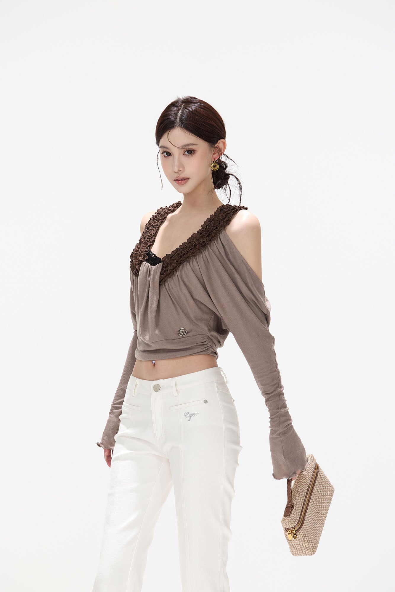 CYNR Ruffle-Trim Cold-Shoulder Top & Slit Maxi Skirt Set