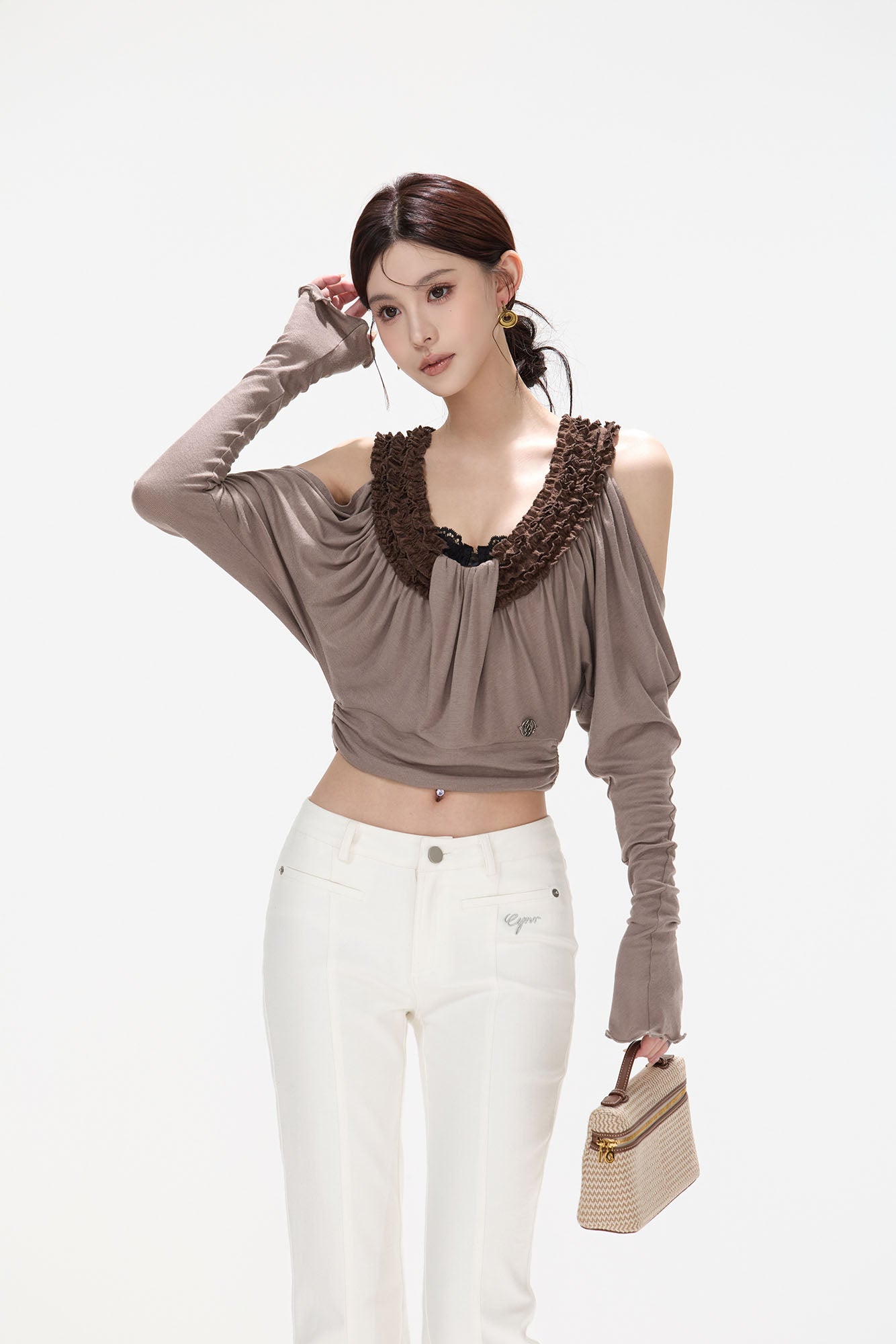 CYNR Ruffle-Trim Cold-Shoulder Top & Slit Maxi Skirt Set