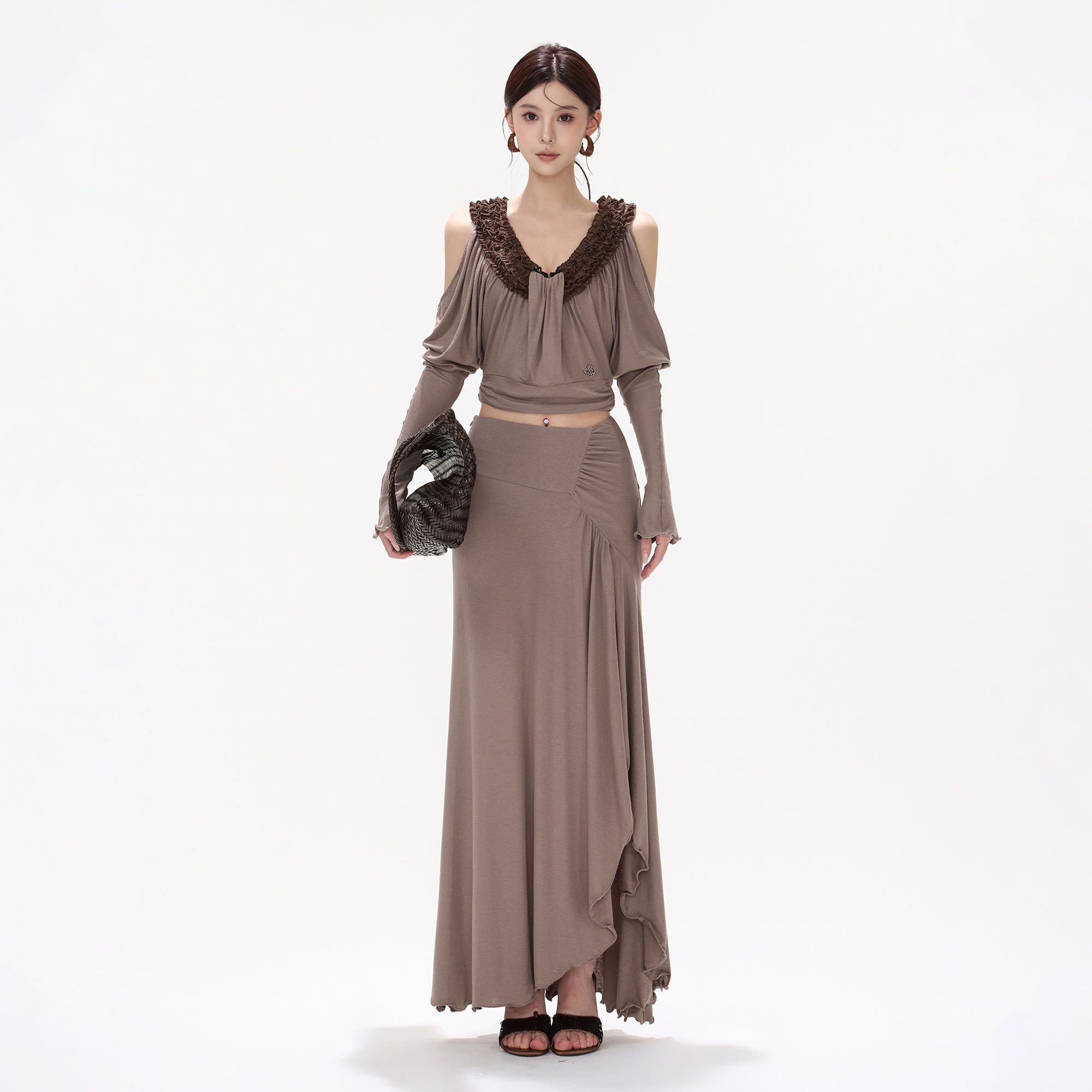 CYNR Ruffle-Trim Cold-Shoulder Top & Slit Maxi Skirt Set