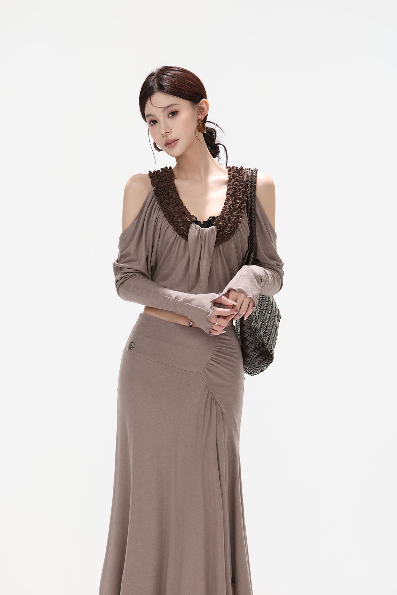 CYNR Ruffle-Trim Cold-Shoulder Top & Slit Maxi Skirt Set