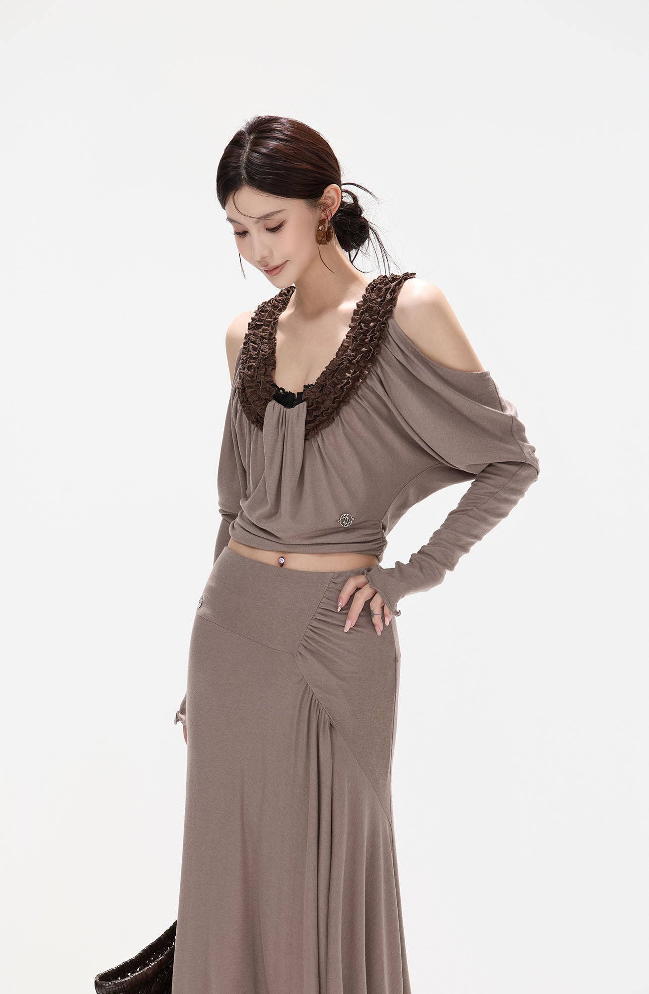 CYNR Ruffle-Trim Cold-Shoulder Top & Slit Maxi Skirt Set