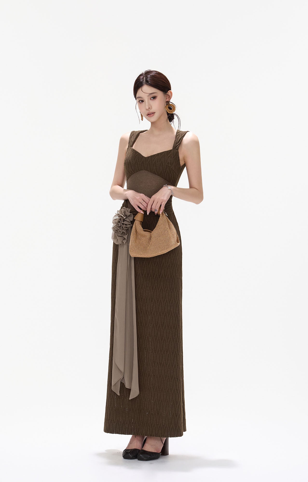 CYNR Mesh Panel Knit Maxi Dress
