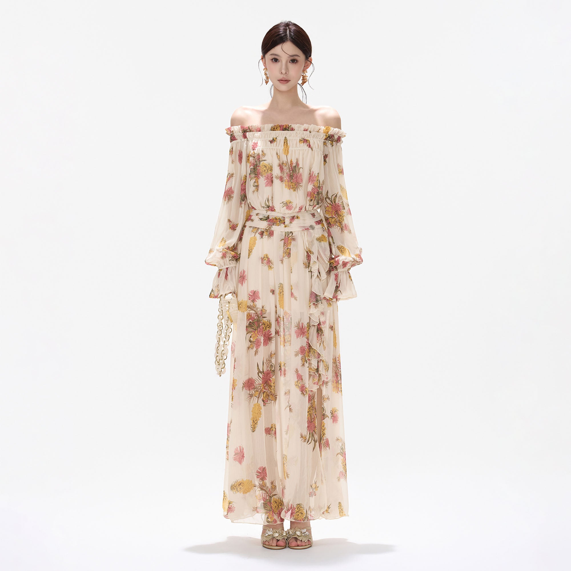 CYNR Off-Shoulder Floral Slit Maxi Dress
