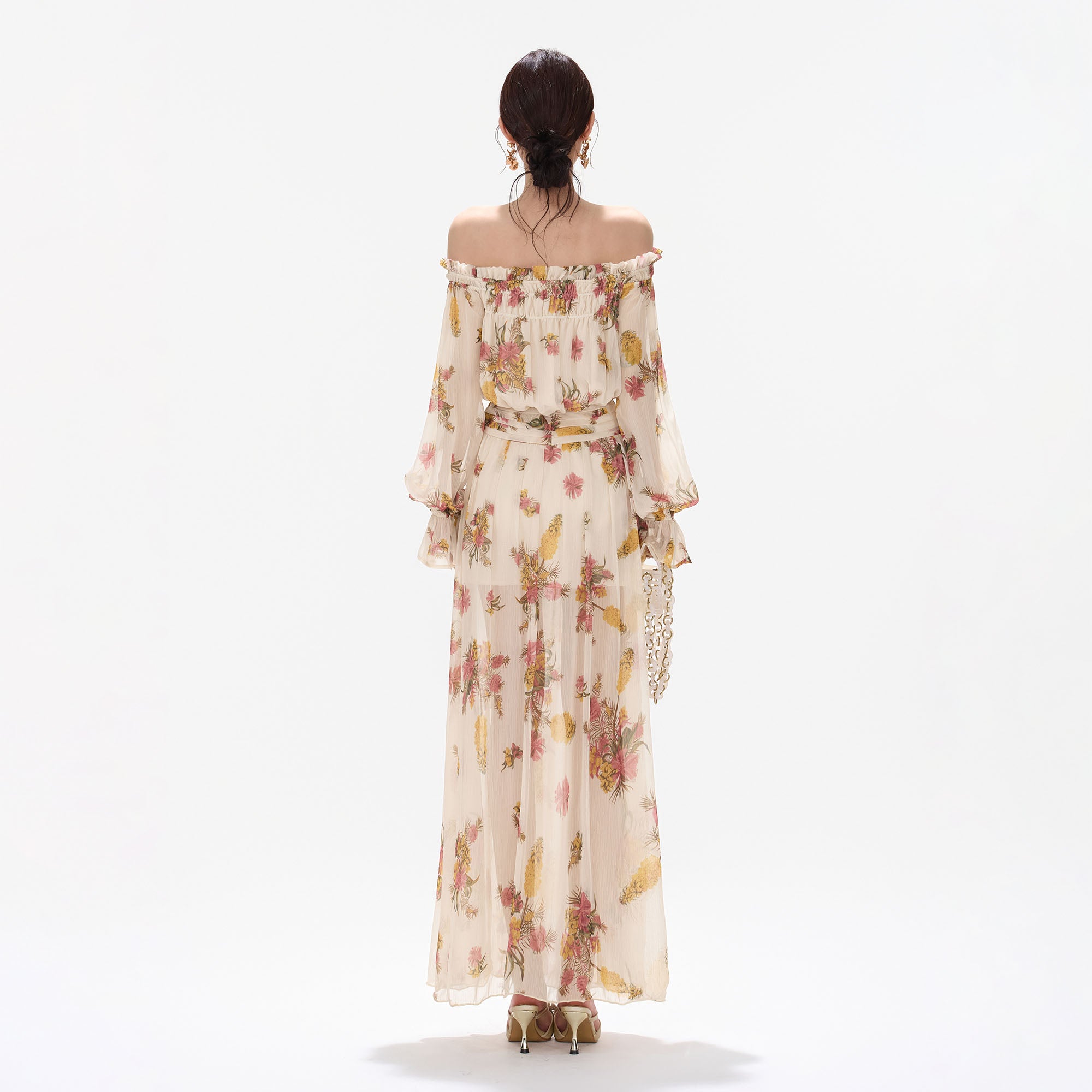 CYNR Off-Shoulder Floral Slit Maxi Dress