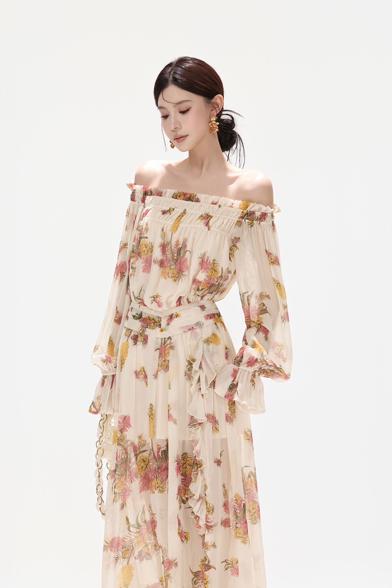 CYNR Off-Shoulder Floral Slit Maxi Dress