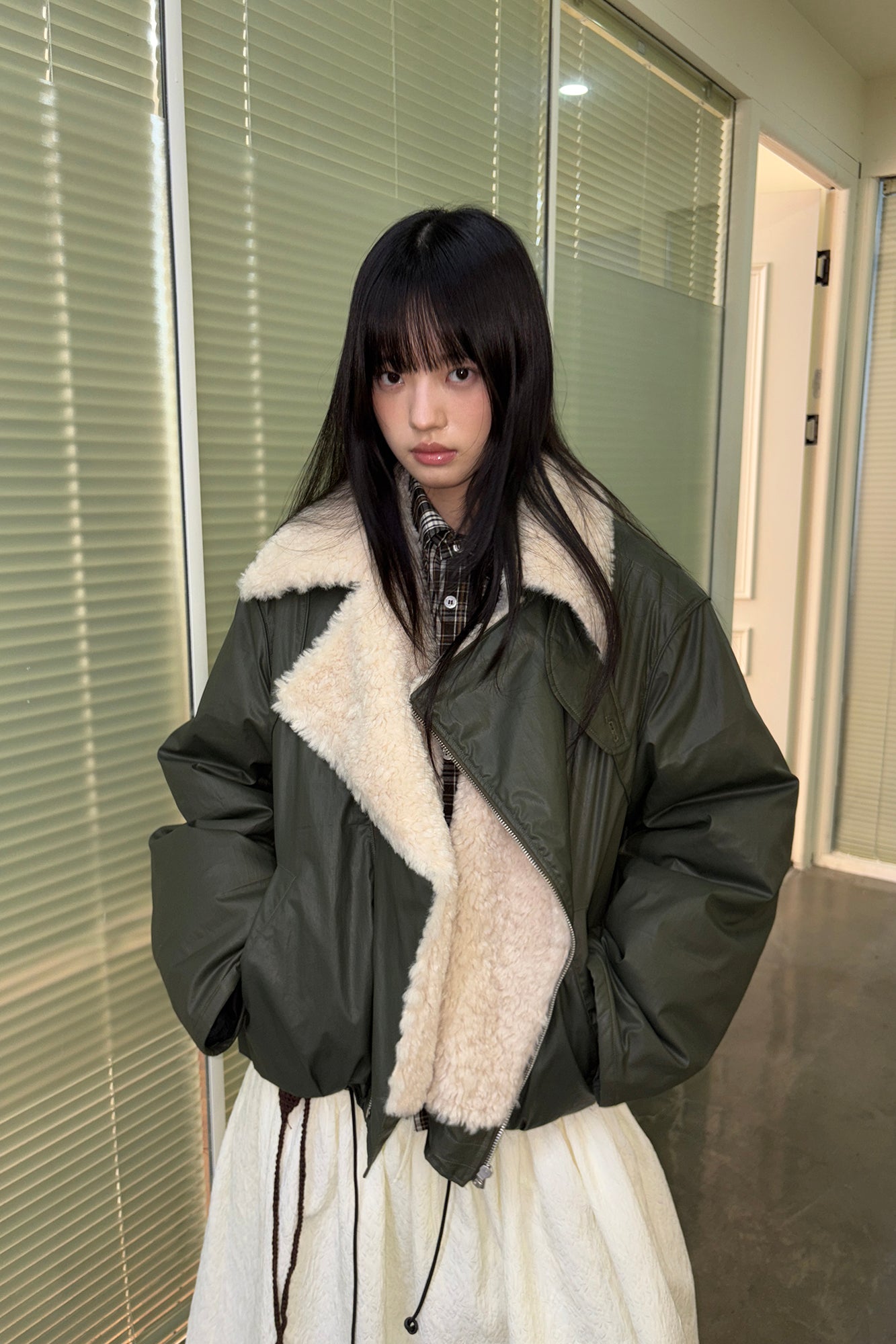 NEVERSEEZ Asymmetric Zip Shearling Bomber Jacket