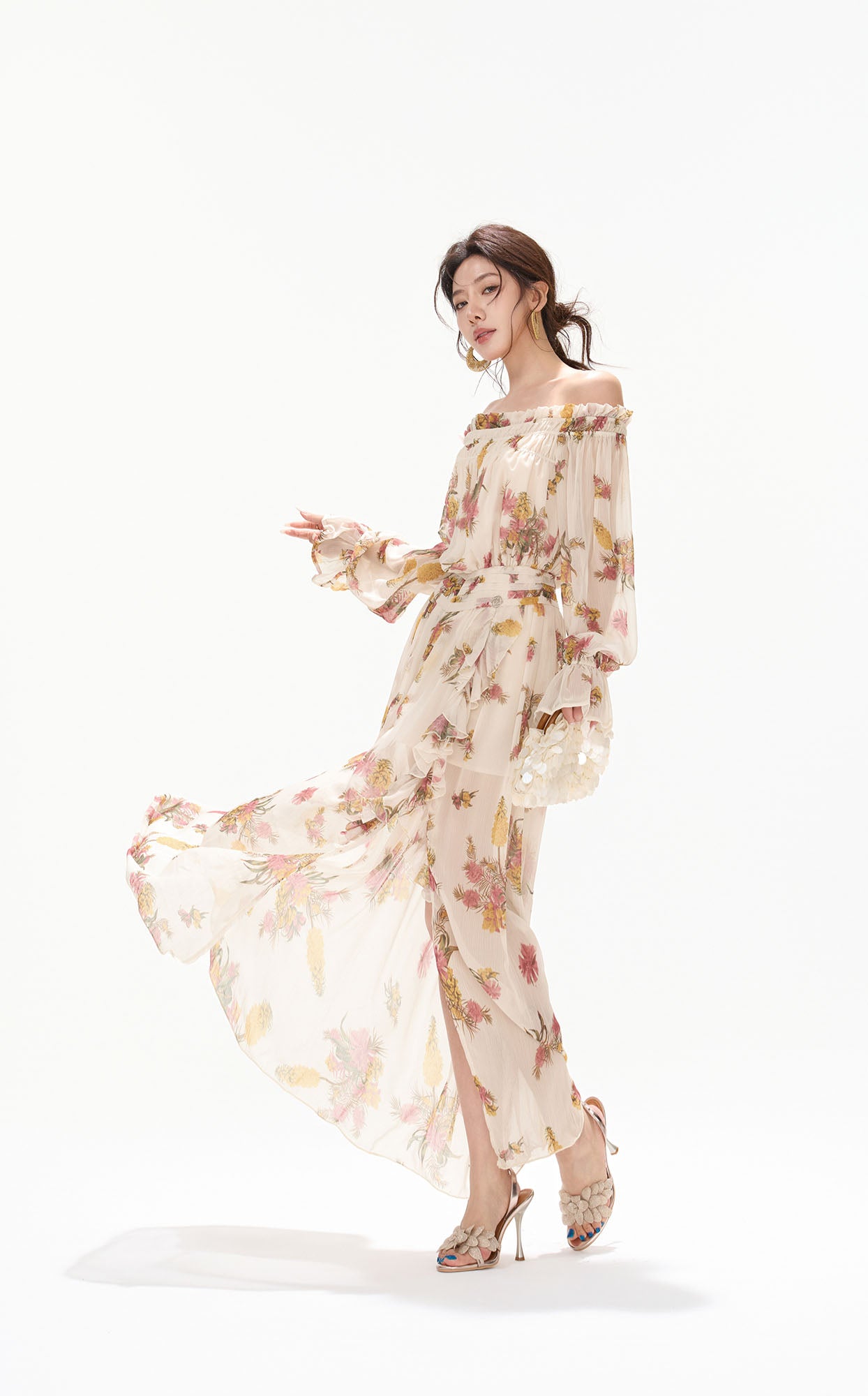 CYNR Off-Shoulder Floral Slit Maxi Dress