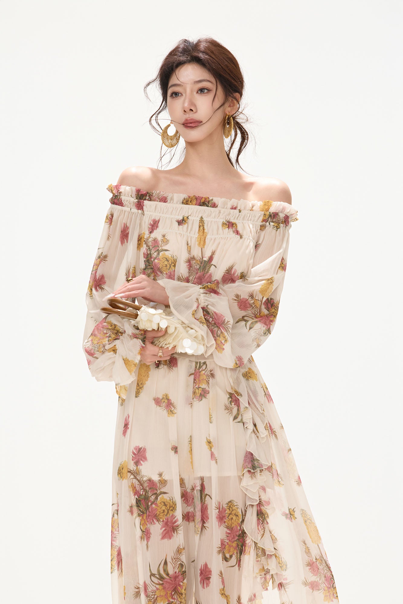 CYNR Off-Shoulder Floral Slit Maxi Dress