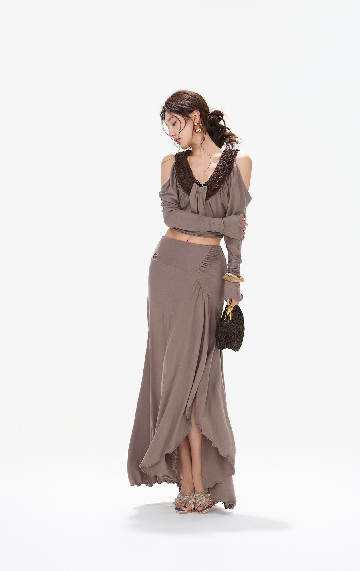 CYNR Ruffle-Trim Cold-Shoulder Top & Slit Maxi Skirt Set