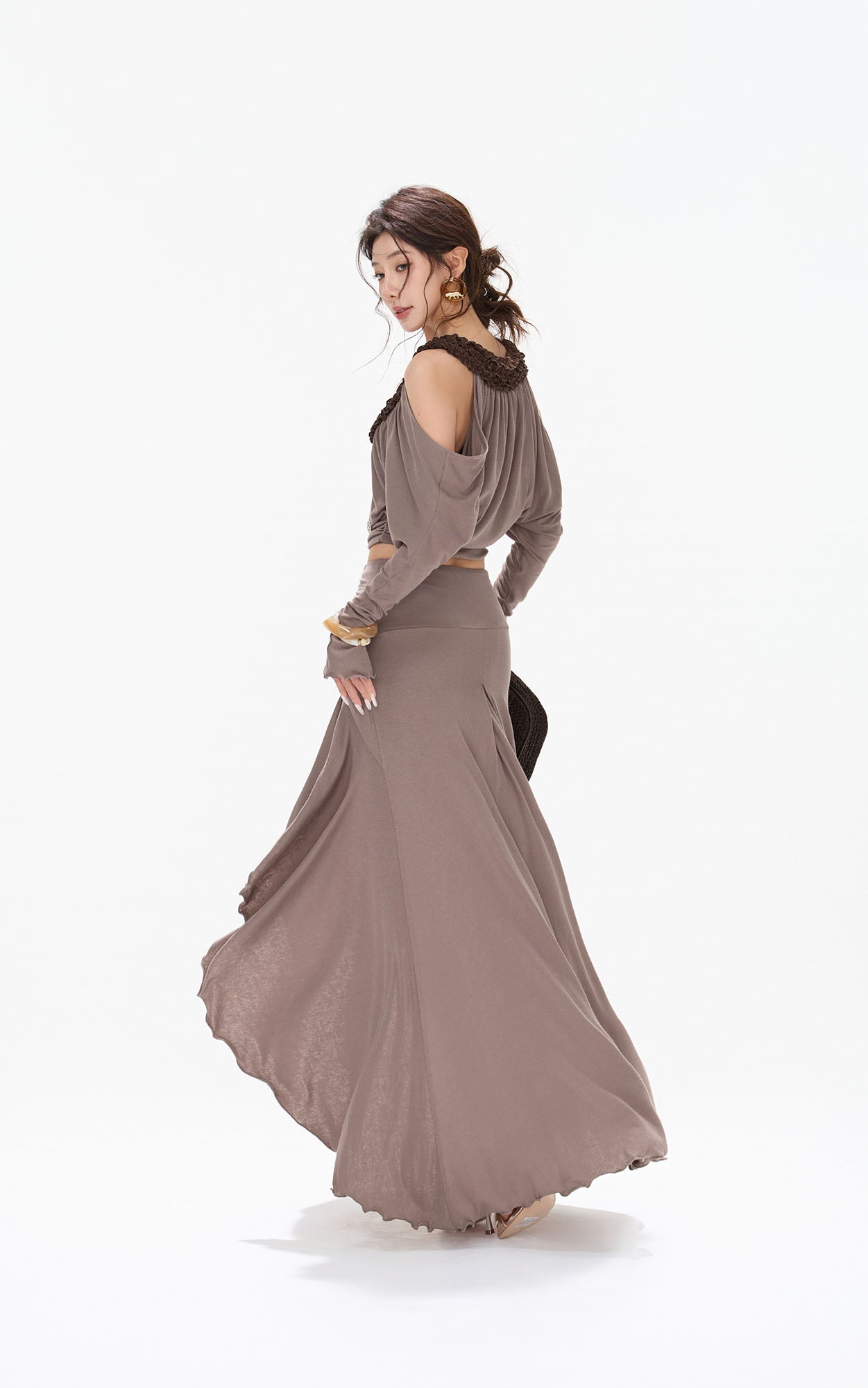 CYNR Ruffle-Trim Cold-Shoulder Top & Slit Maxi Skirt Set