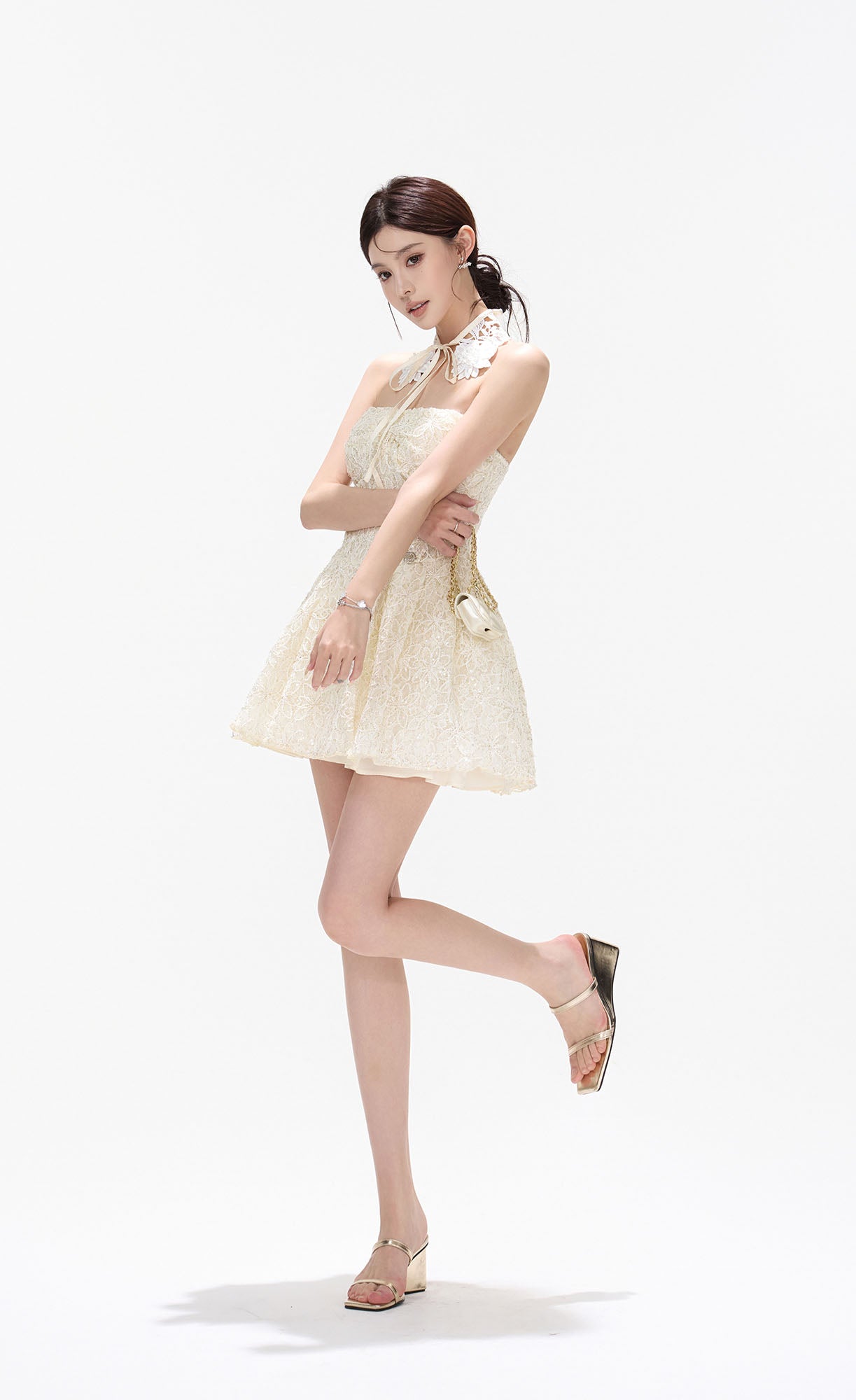 CYNR Lace Collar Embroidered Mini Dress