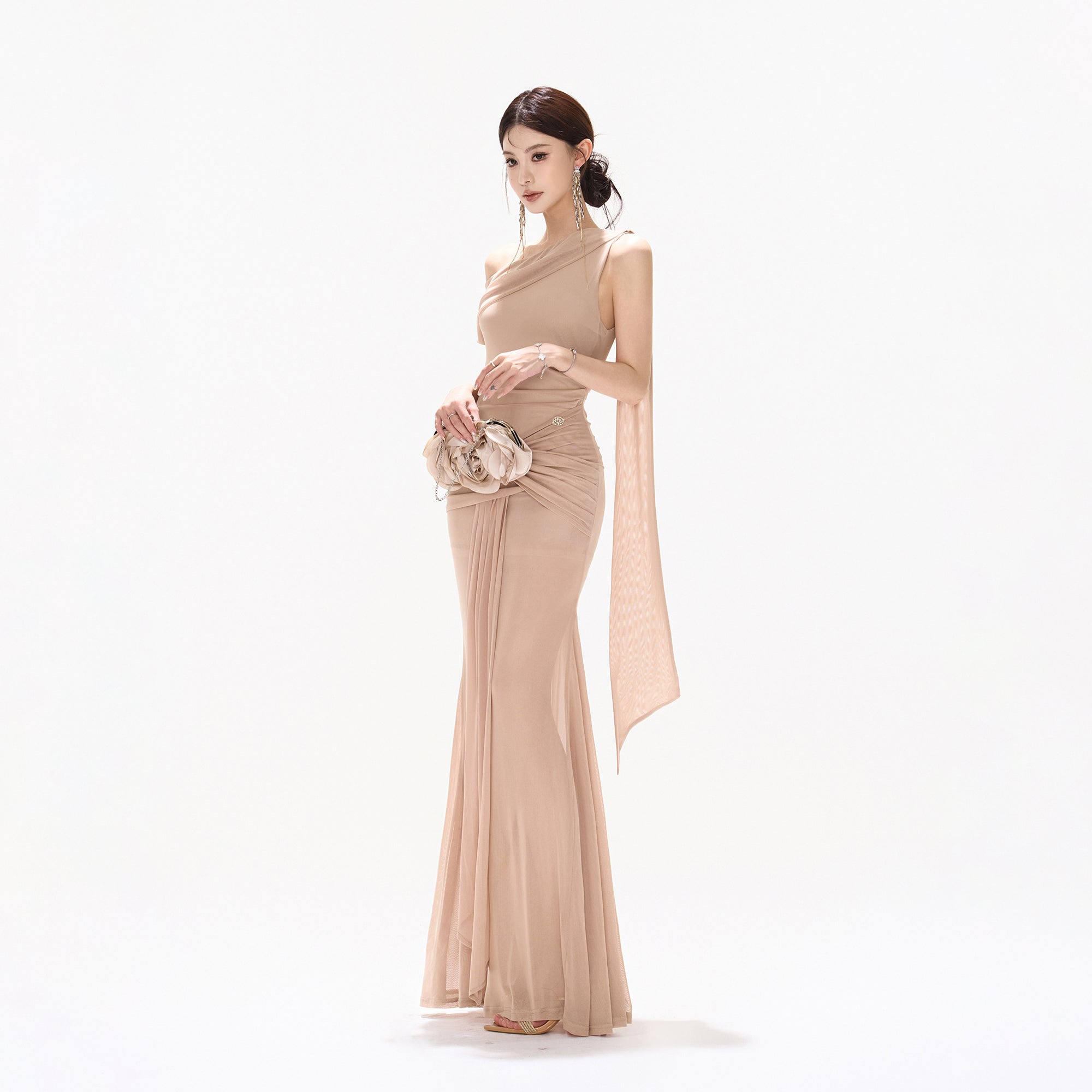 CYNR Twisted Ruched One-Shoulder Mermaid Dress