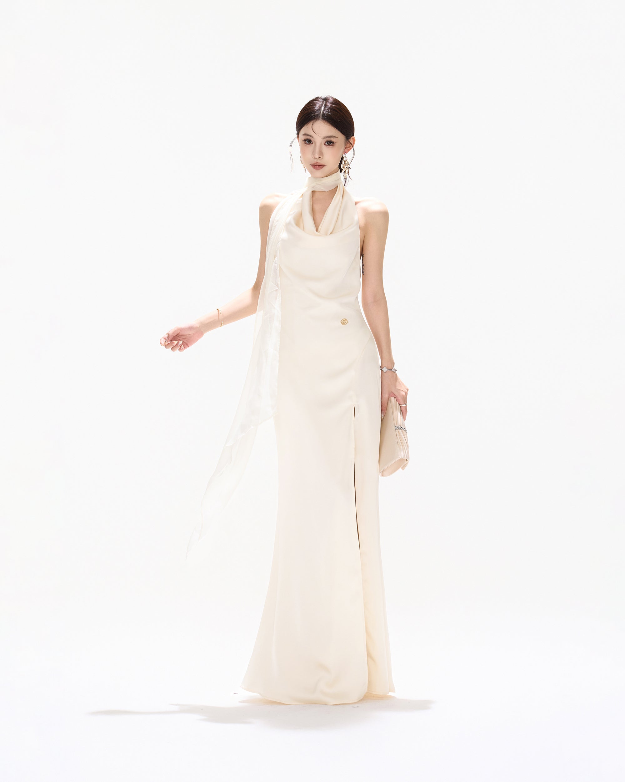 CYNR Draped Scarf-Neck Open-Back Satin Maxi Dress