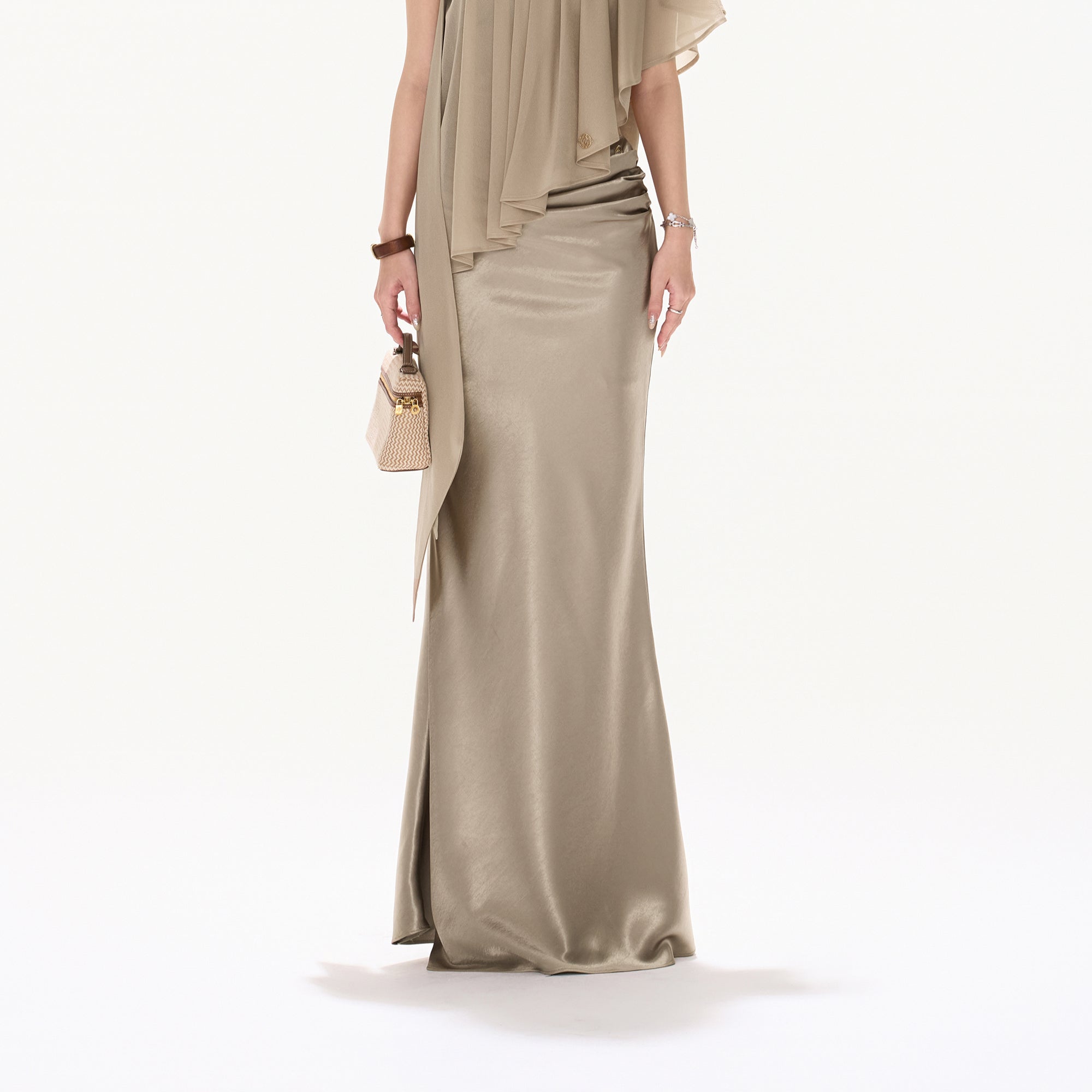 CYNR Acetate Satin Mermaid Maxi Skirt Khaki