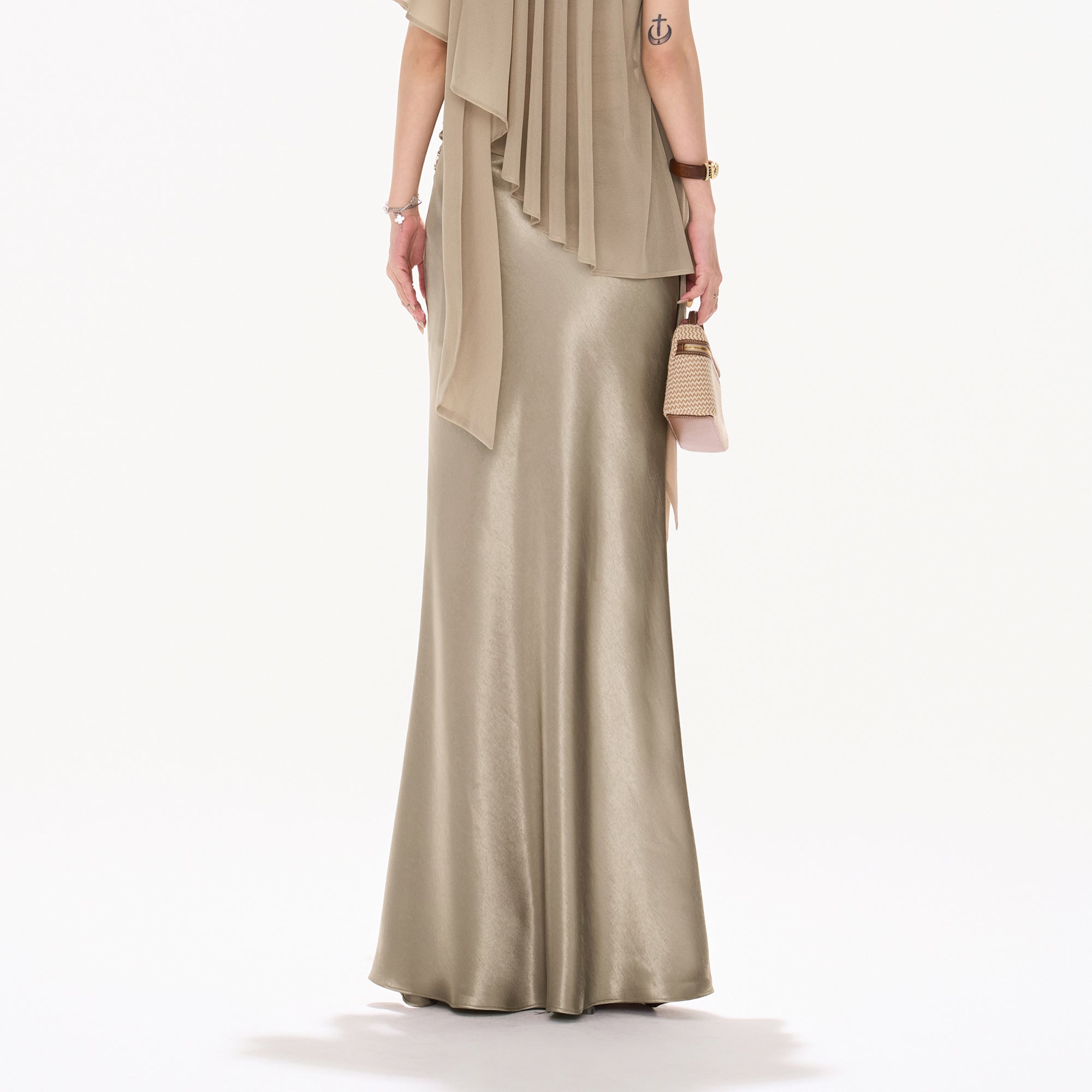 CYNR Acetate Satin Mermaid Maxi Skirt Khaki
