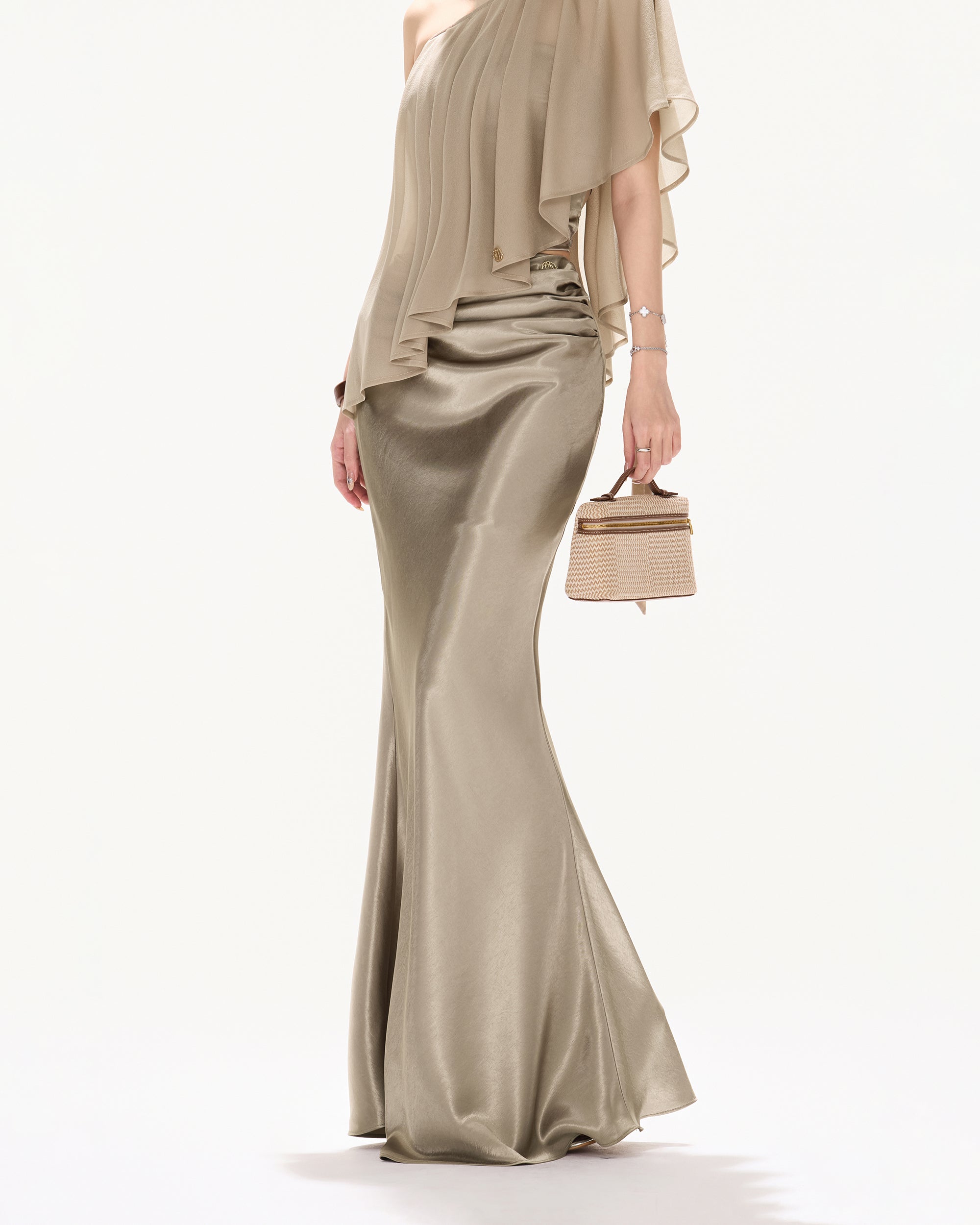 CYNR Acetate Satin Mermaid Maxi Skirt Khaki