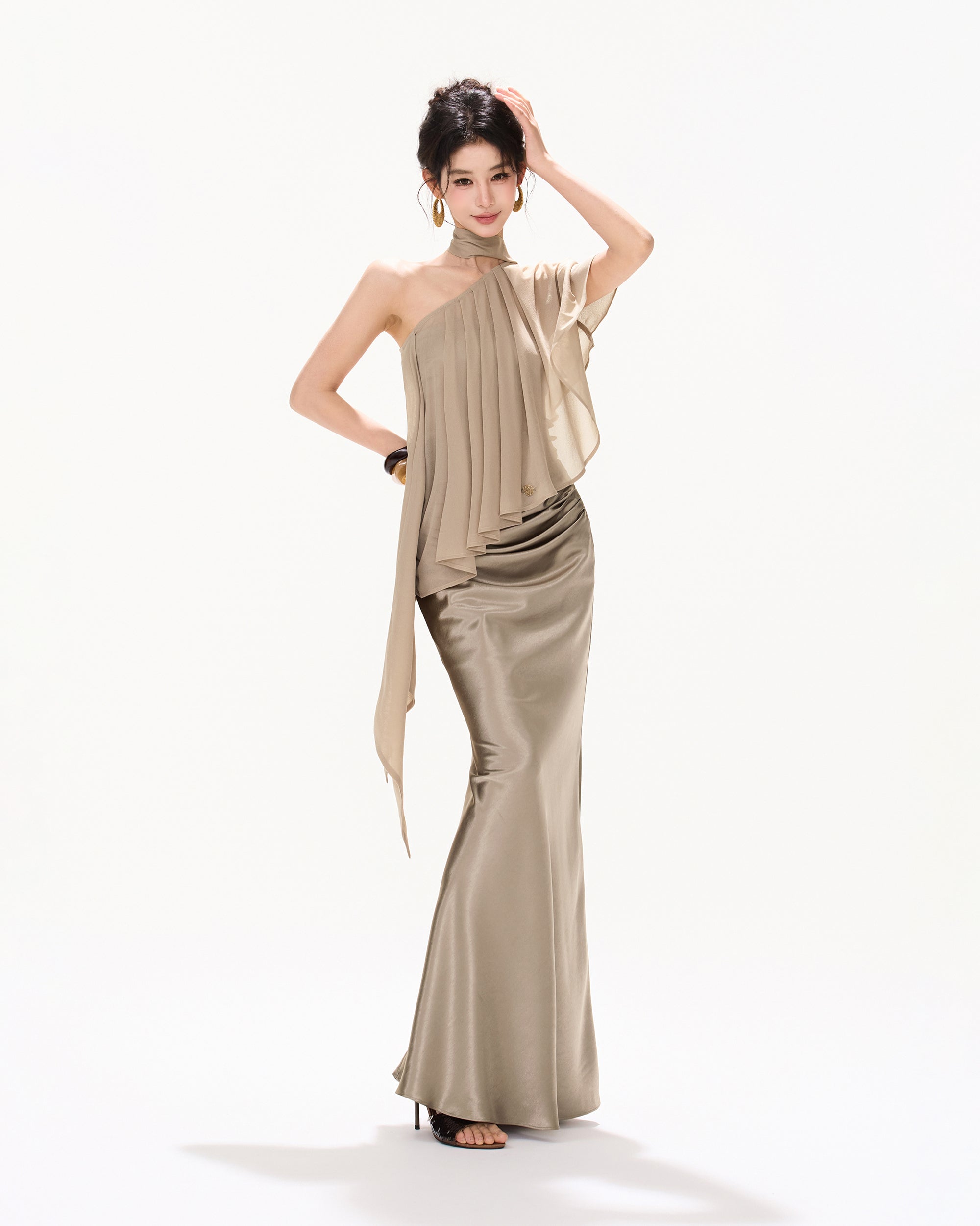 CYNR Acetate Satin Mermaid Maxi Skirt Khaki