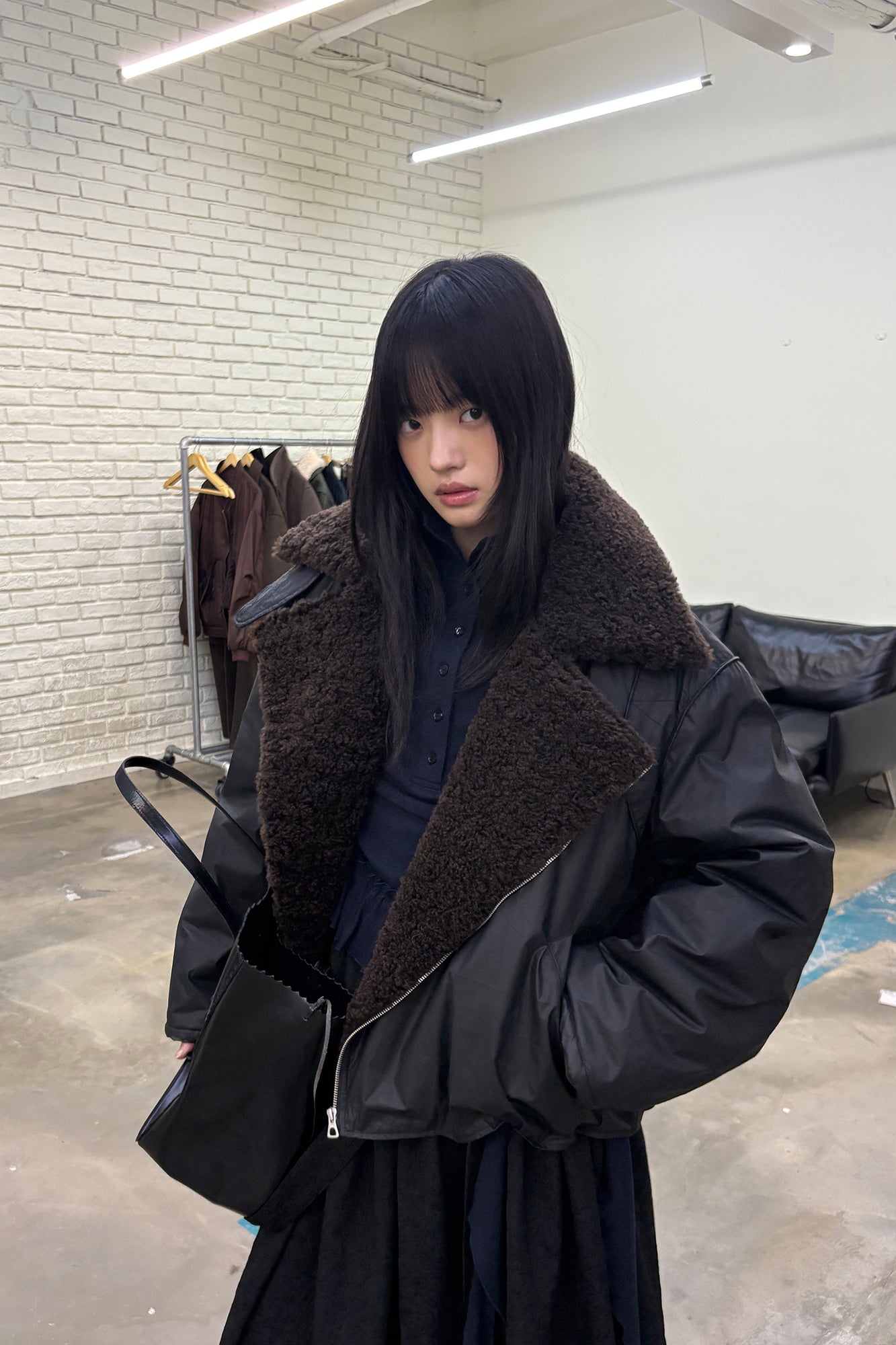 NEVERSEEZ Asymmetric Zip Shearling Bomber Jacket