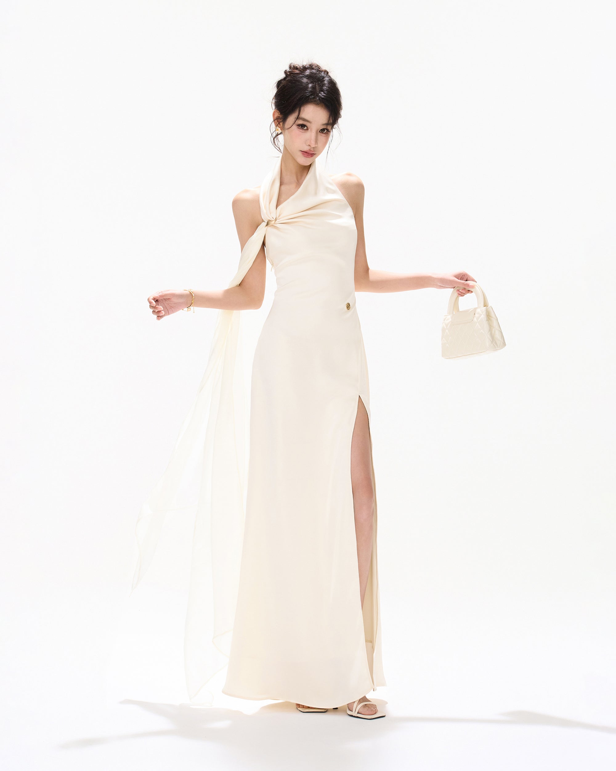 CYNR Draped Scarf-Neck Open-Back Satin Maxi Dress