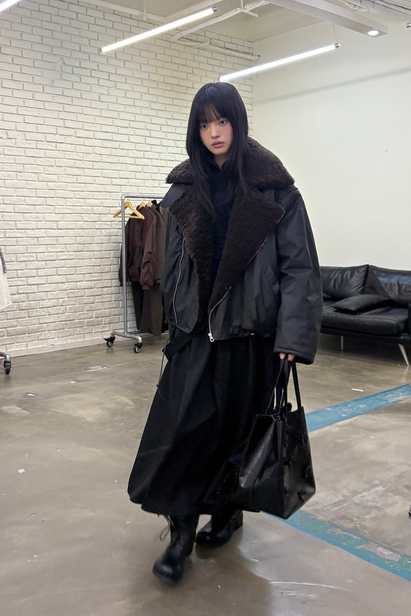 NEVERSEEZ Asymmetric Zip Shearling Bomber Jacket