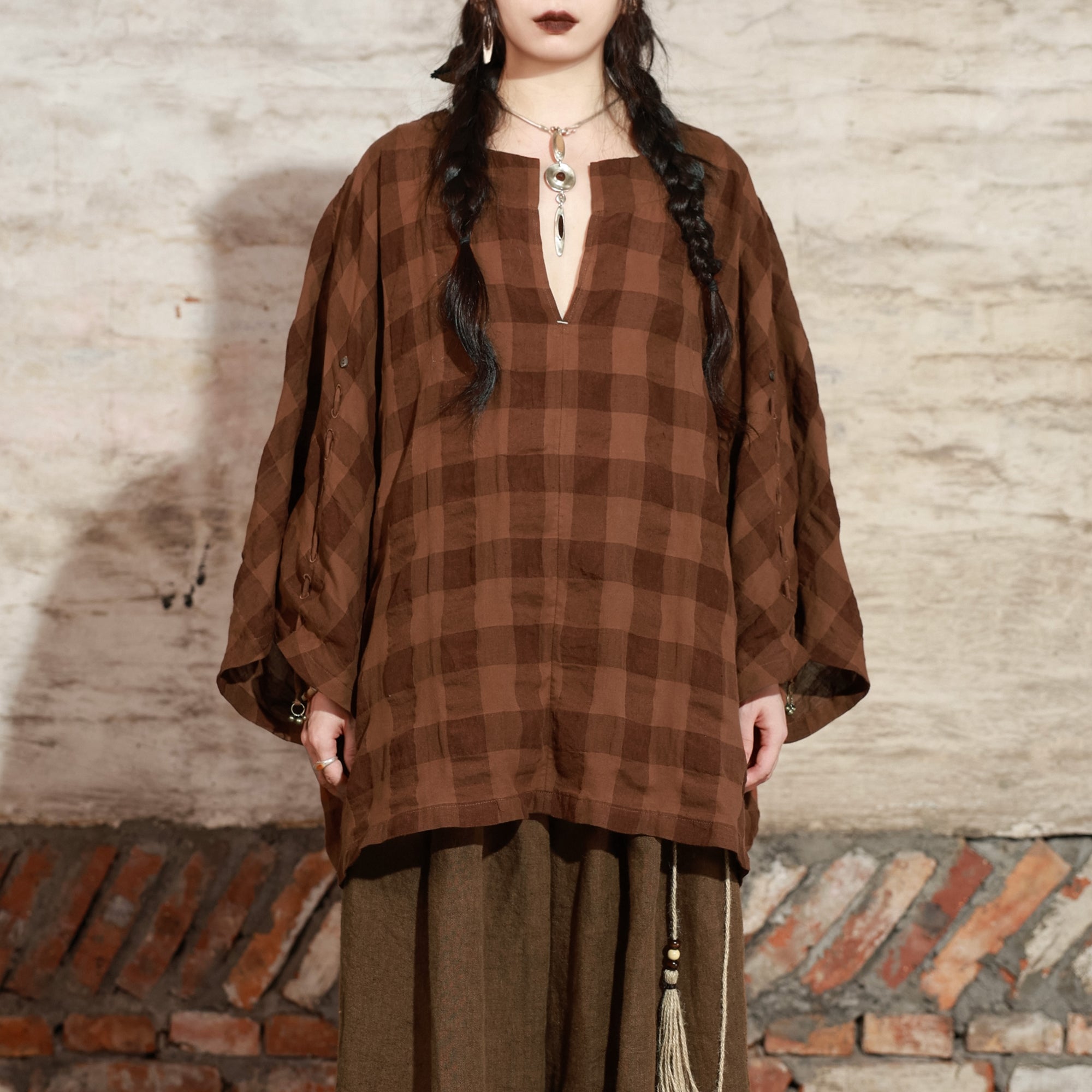 INCH LIM Plaid Drawstring Sleeve Top