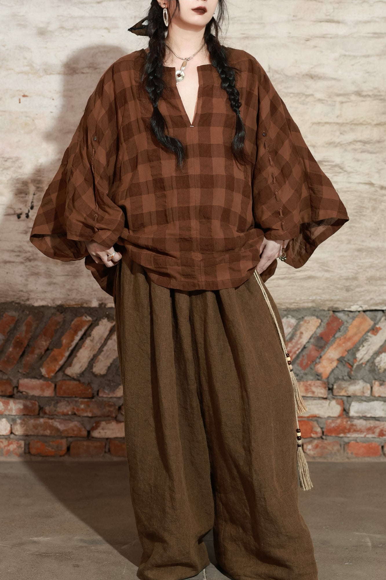 INCH LIM Plaid Drawstring Sleeve Top