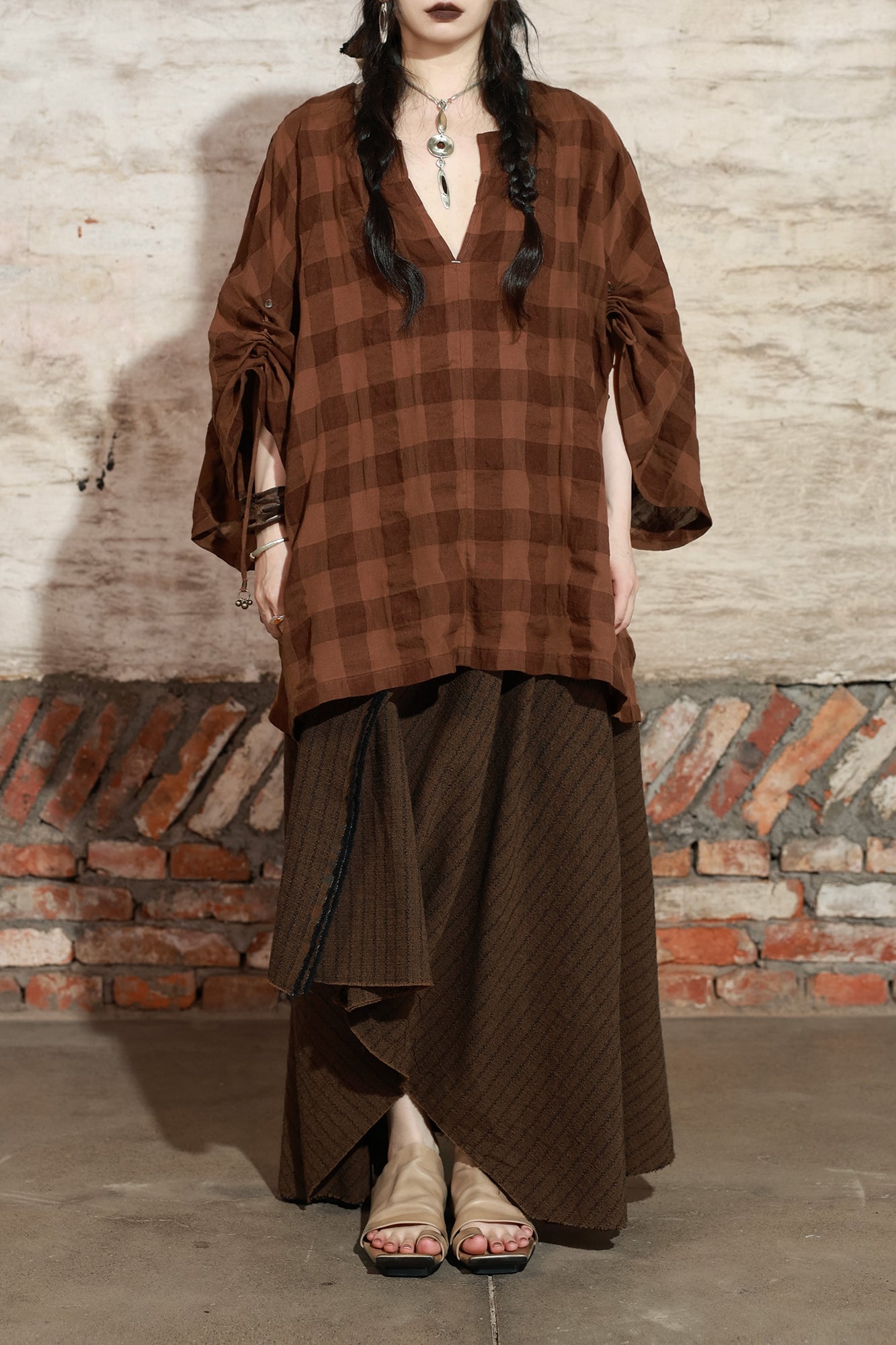 INCH LIM Plaid Drawstring Sleeve Top