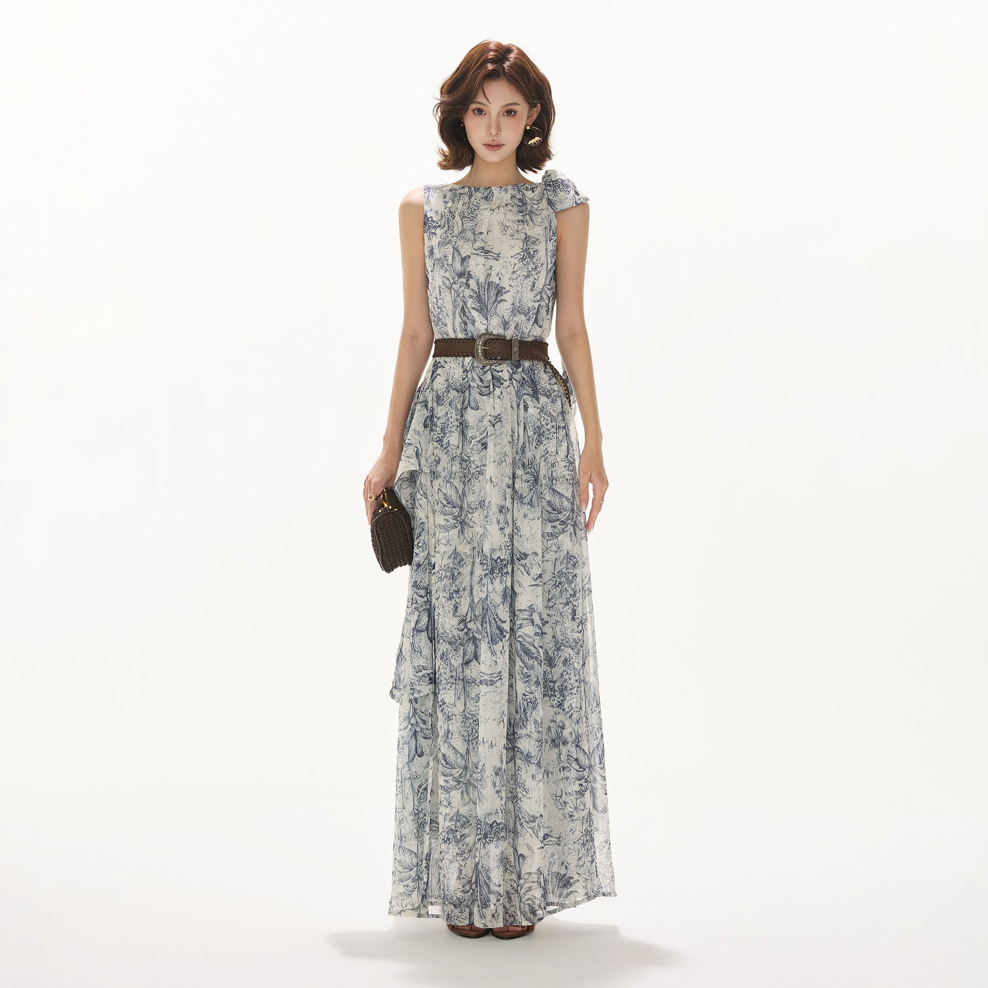 CYNR Ribbon-Shoulder Floral Full-Print Maxi Dress