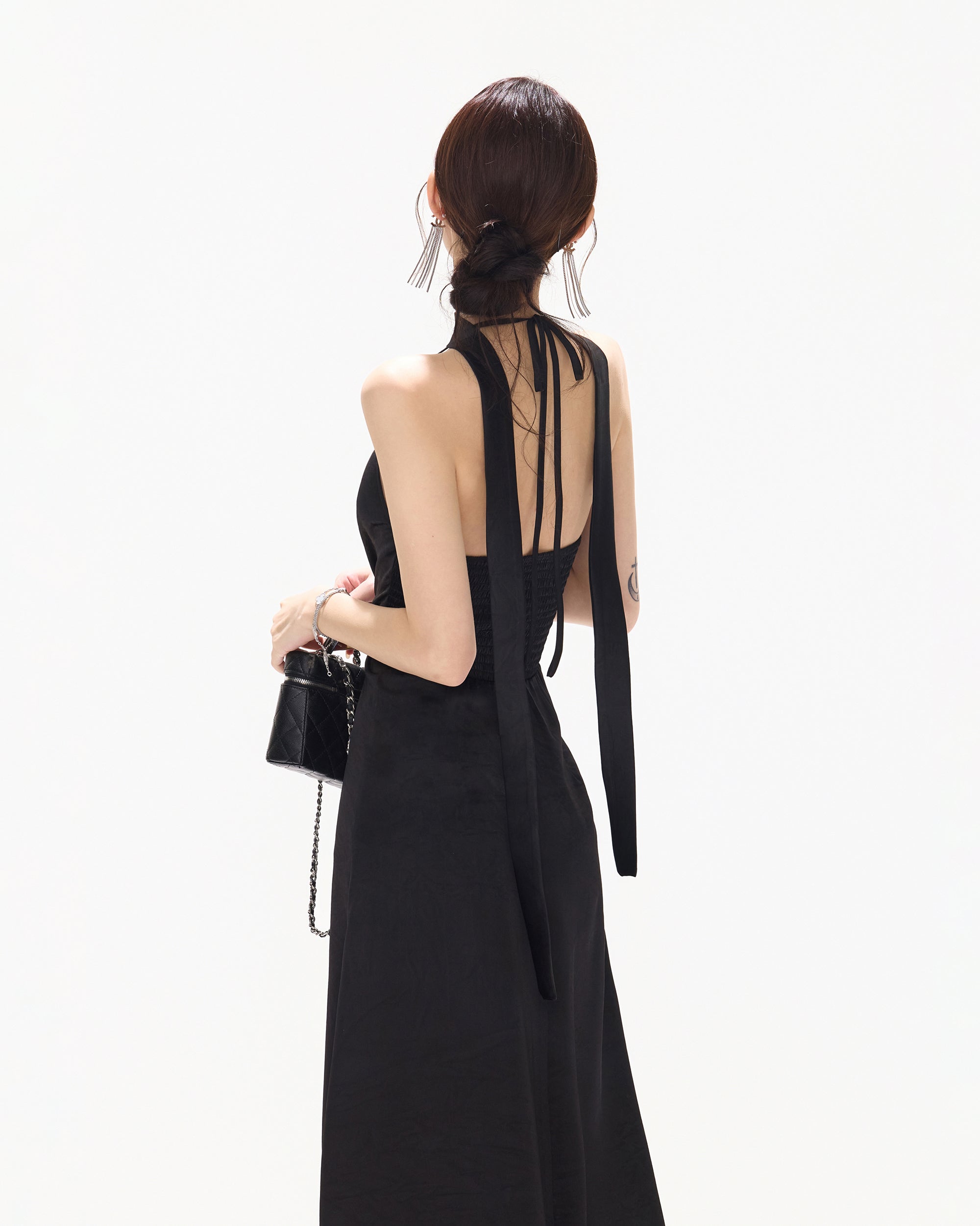 CYNR Ruched Waist Lace V-Neck Halter Maxi Dress