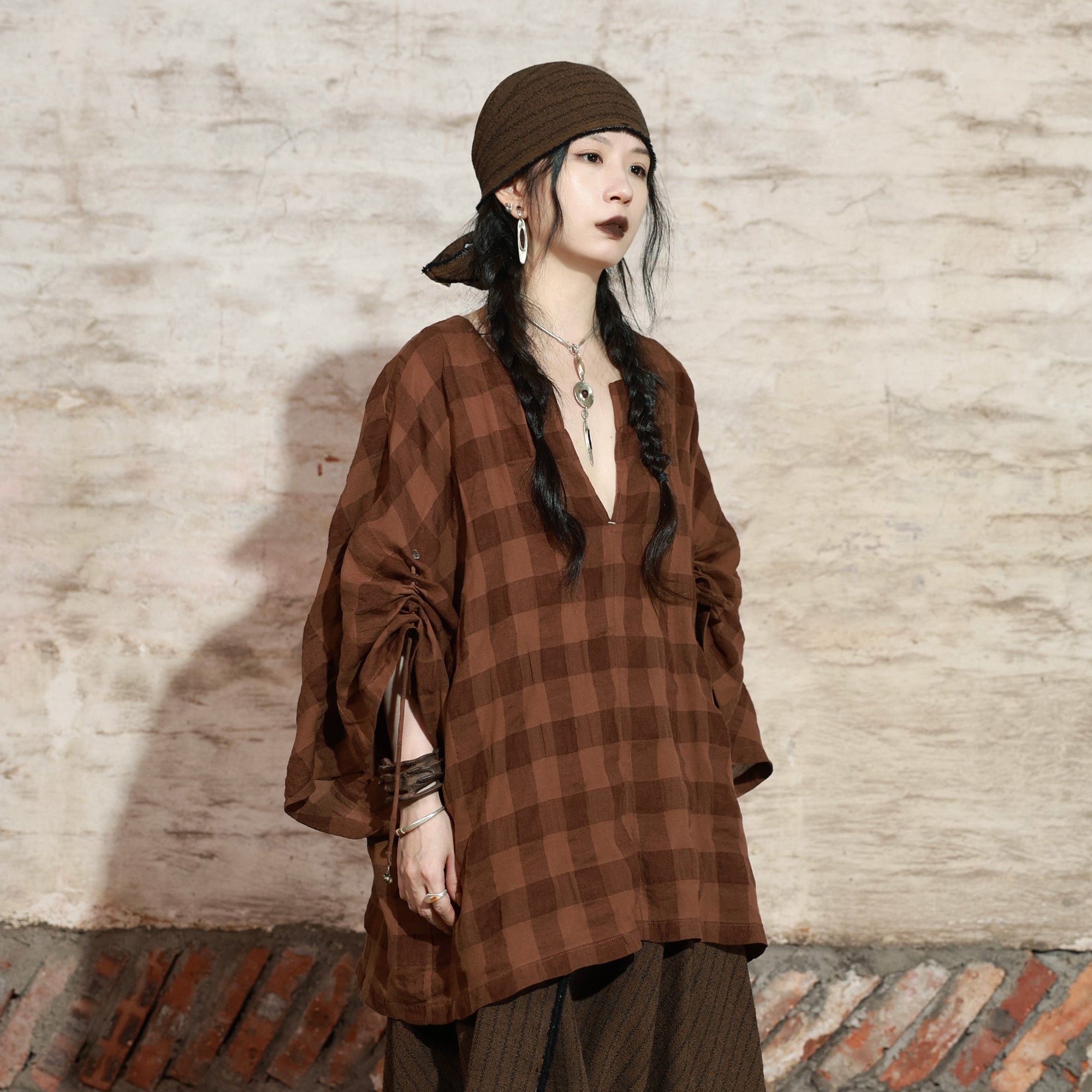 INCH LIM Plaid Drawstring Sleeve Top
