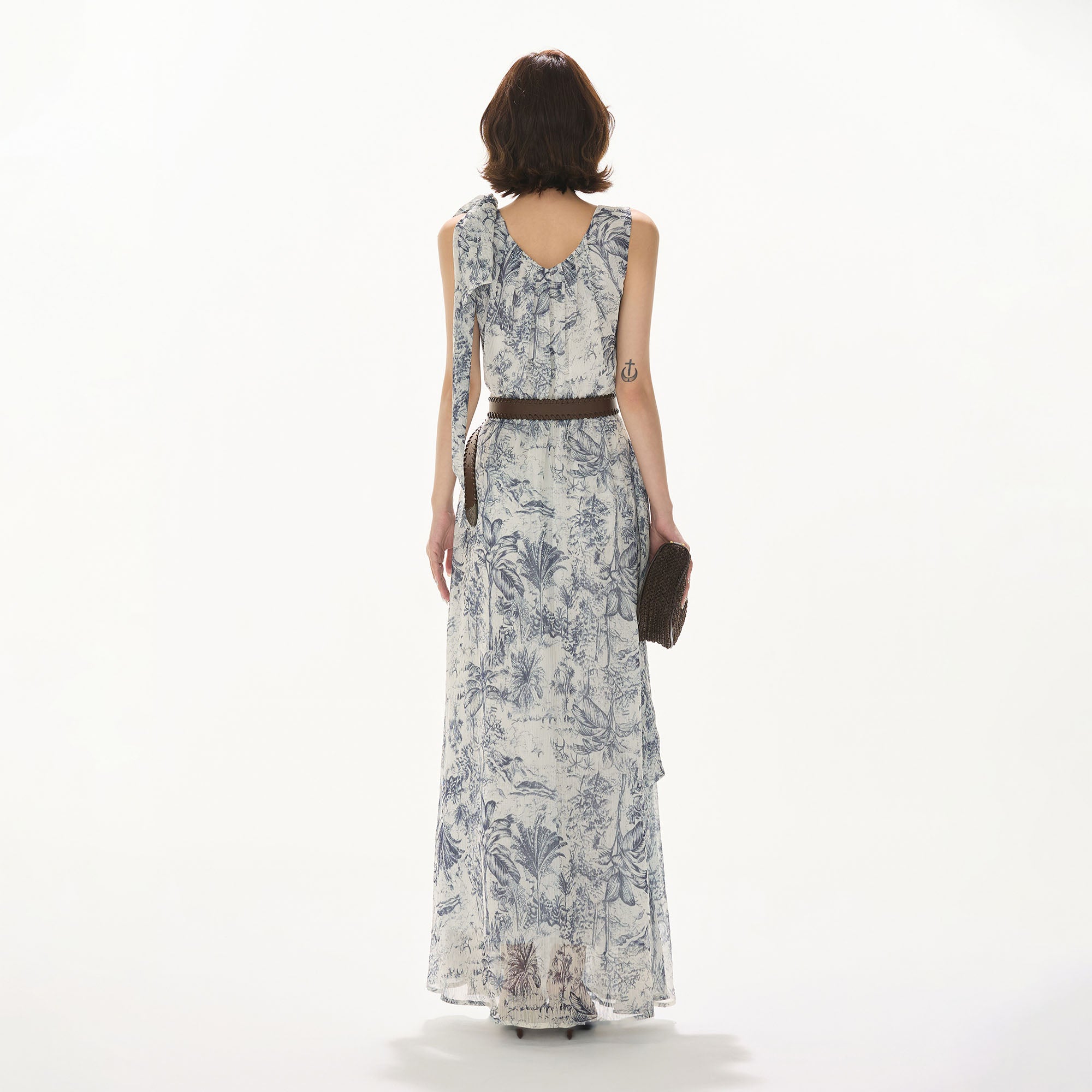 CYNR Ribbon-Shoulder Floral Full-Print Maxi Dress
