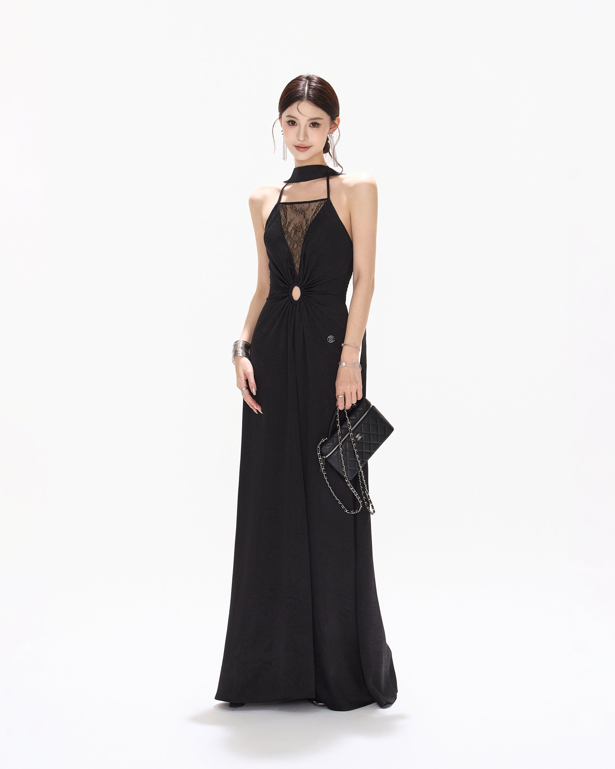 CYNR Ruched Waist Lace V-Neck Halter Maxi Dress