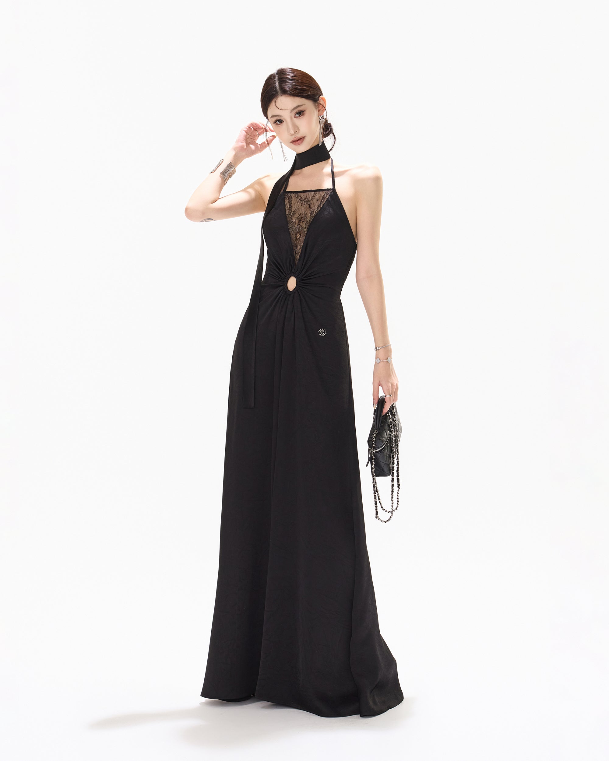 CYNR Ruched Waist Lace V-Neck Halter Maxi Dress