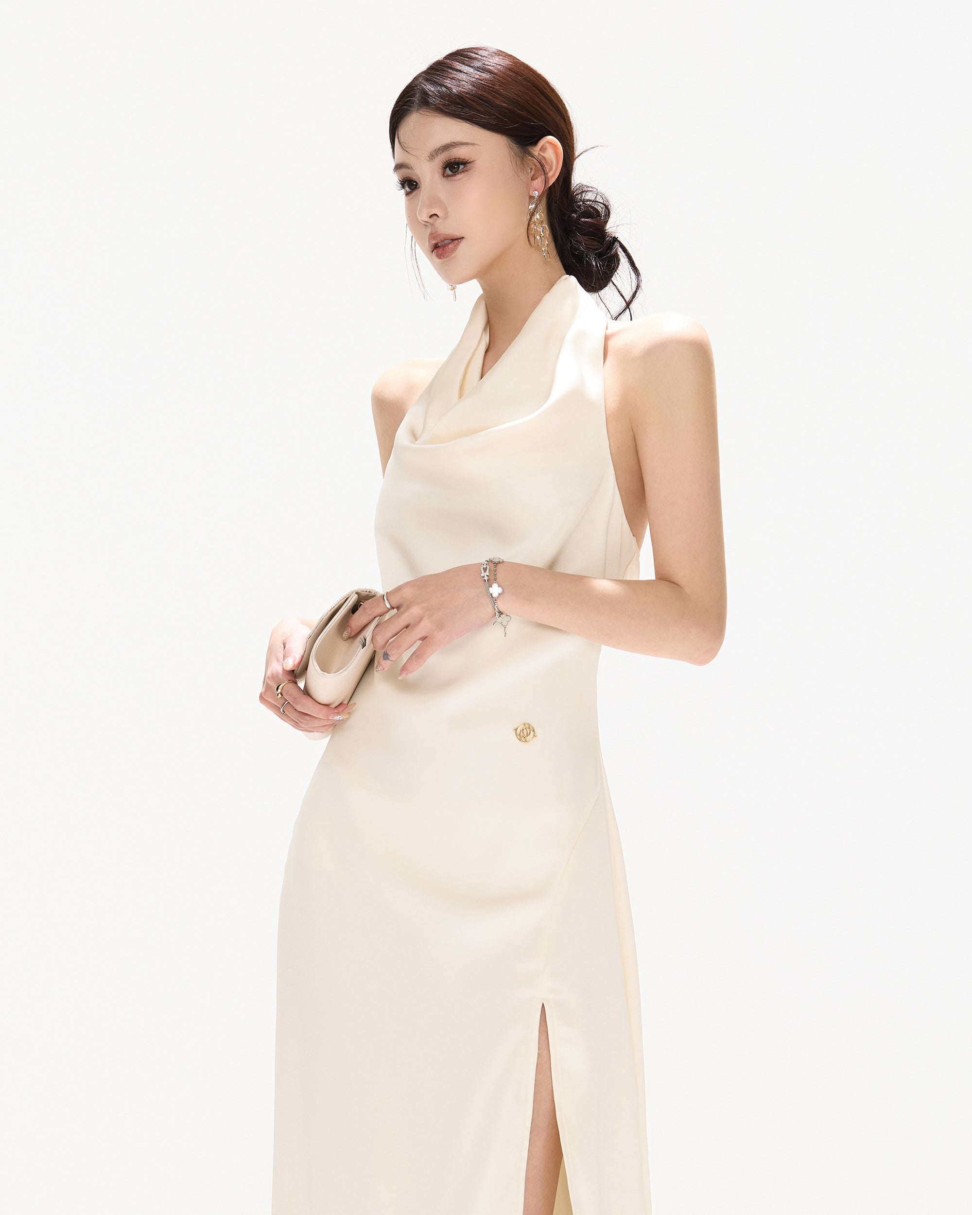 CYNR Draped Scarf-Neck Open-Back Satin Maxi Dress