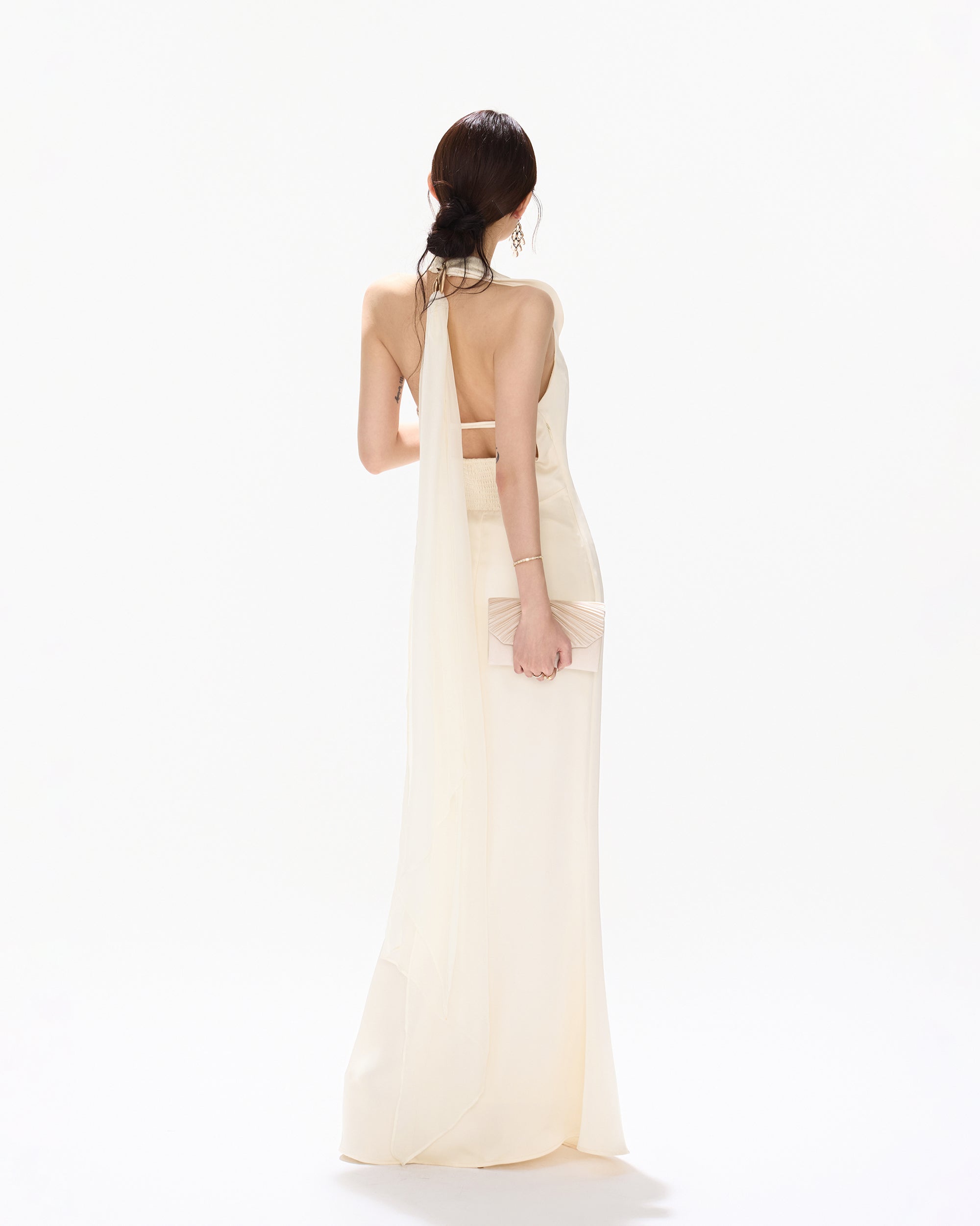 CYNR Draped Scarf-Neck Open-Back Satin Maxi Dress