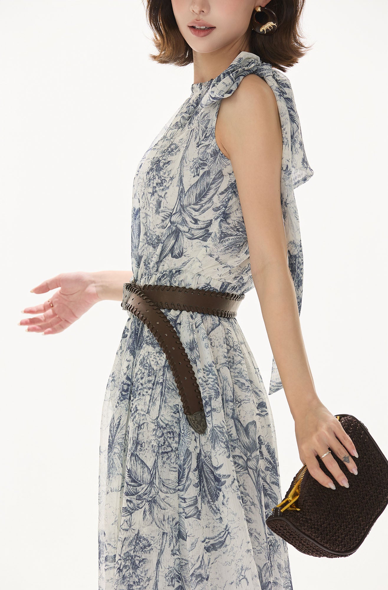 CYNR Ribbon-Shoulder Floral Full-Print Maxi Dress