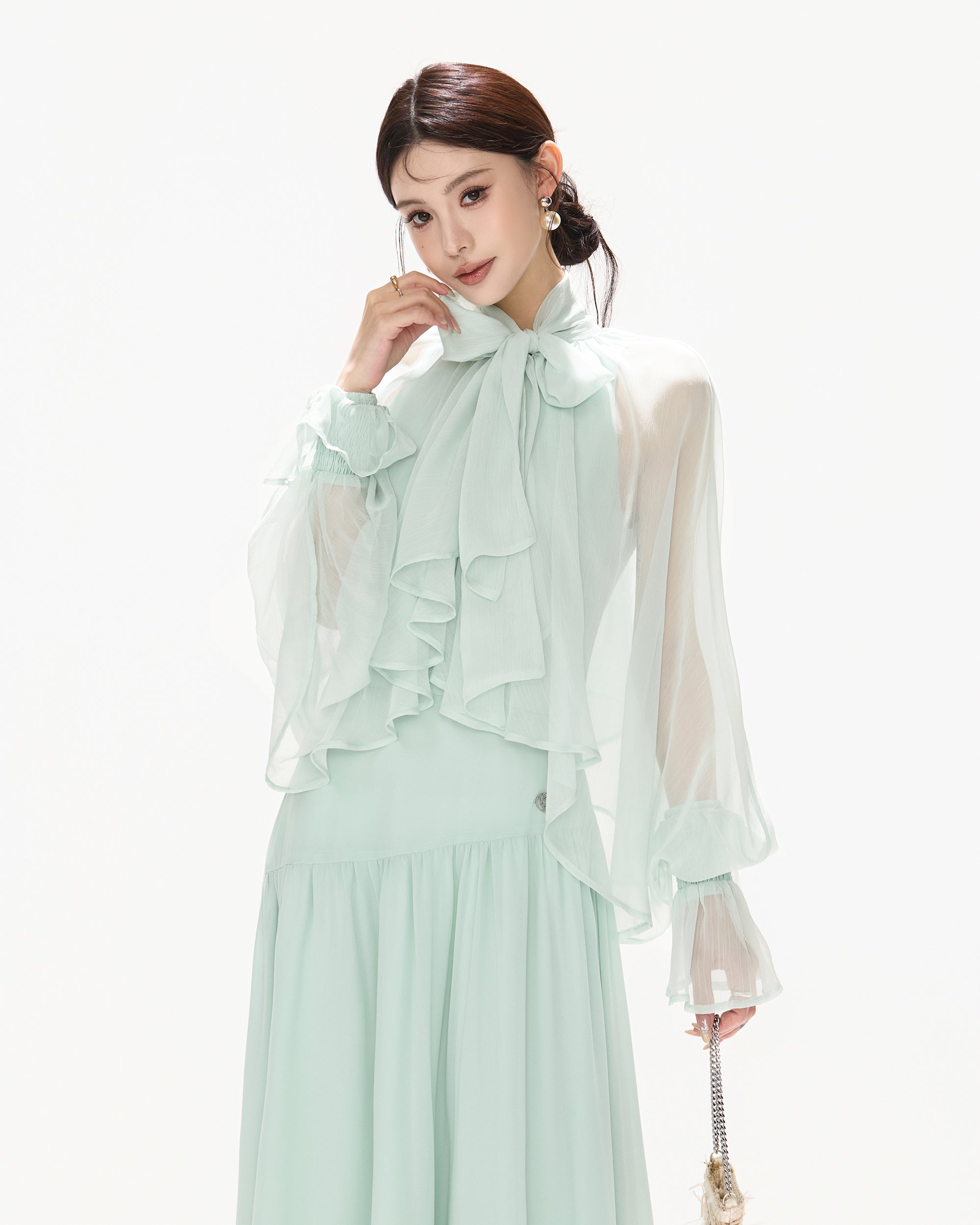 CYNR Ruffle Bow-Neck Asymmetrical Chiffon Dress