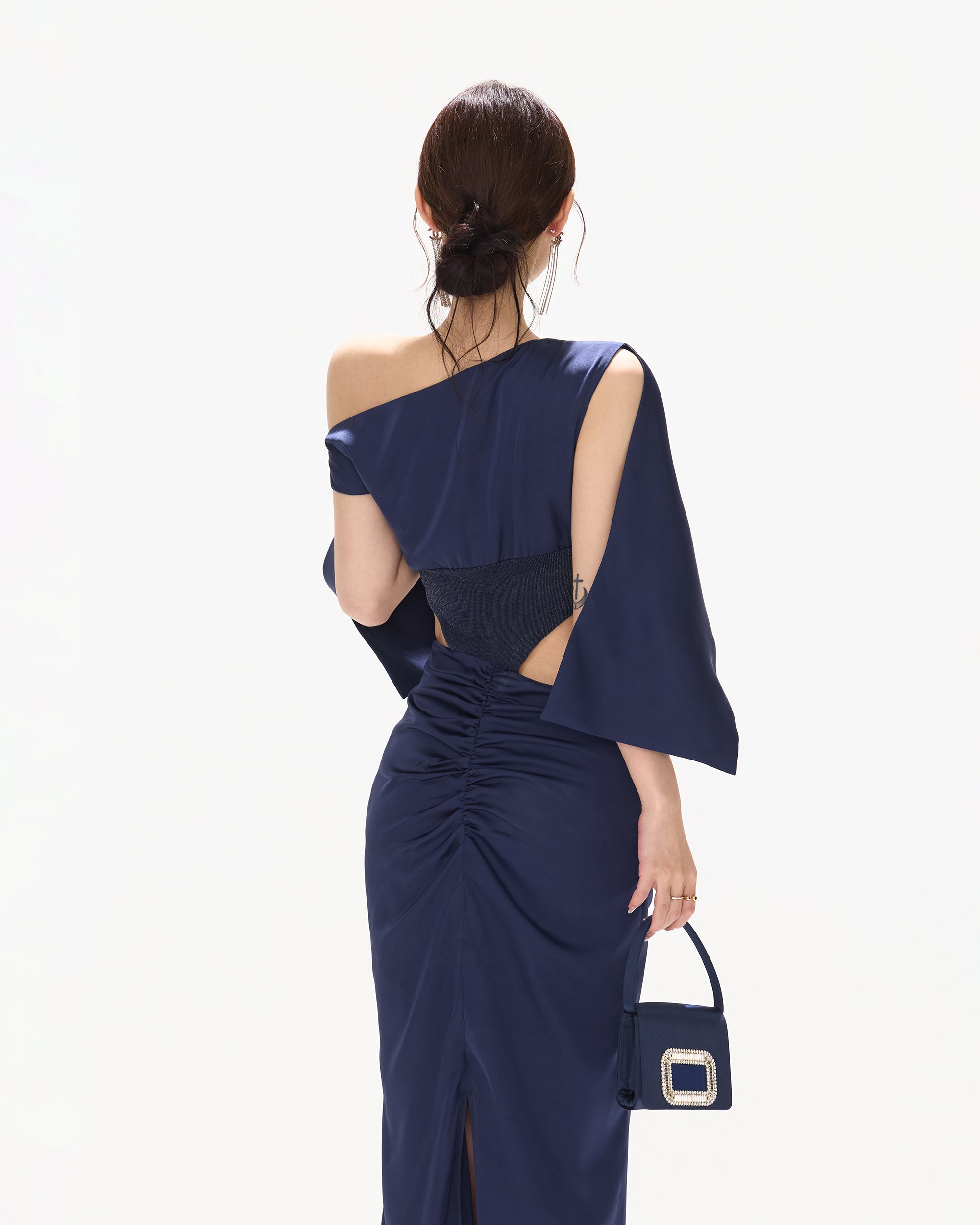 CYNR Cape-Drape Ruched Satin Dress