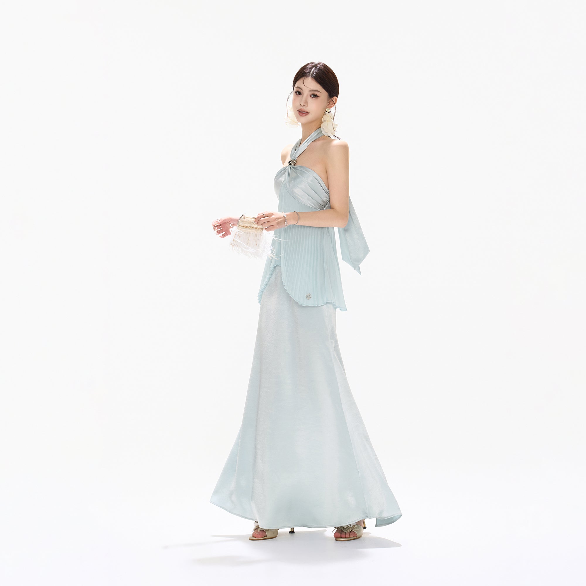 CYNR Pleated Tie-Neck Halter Maxi Dress
