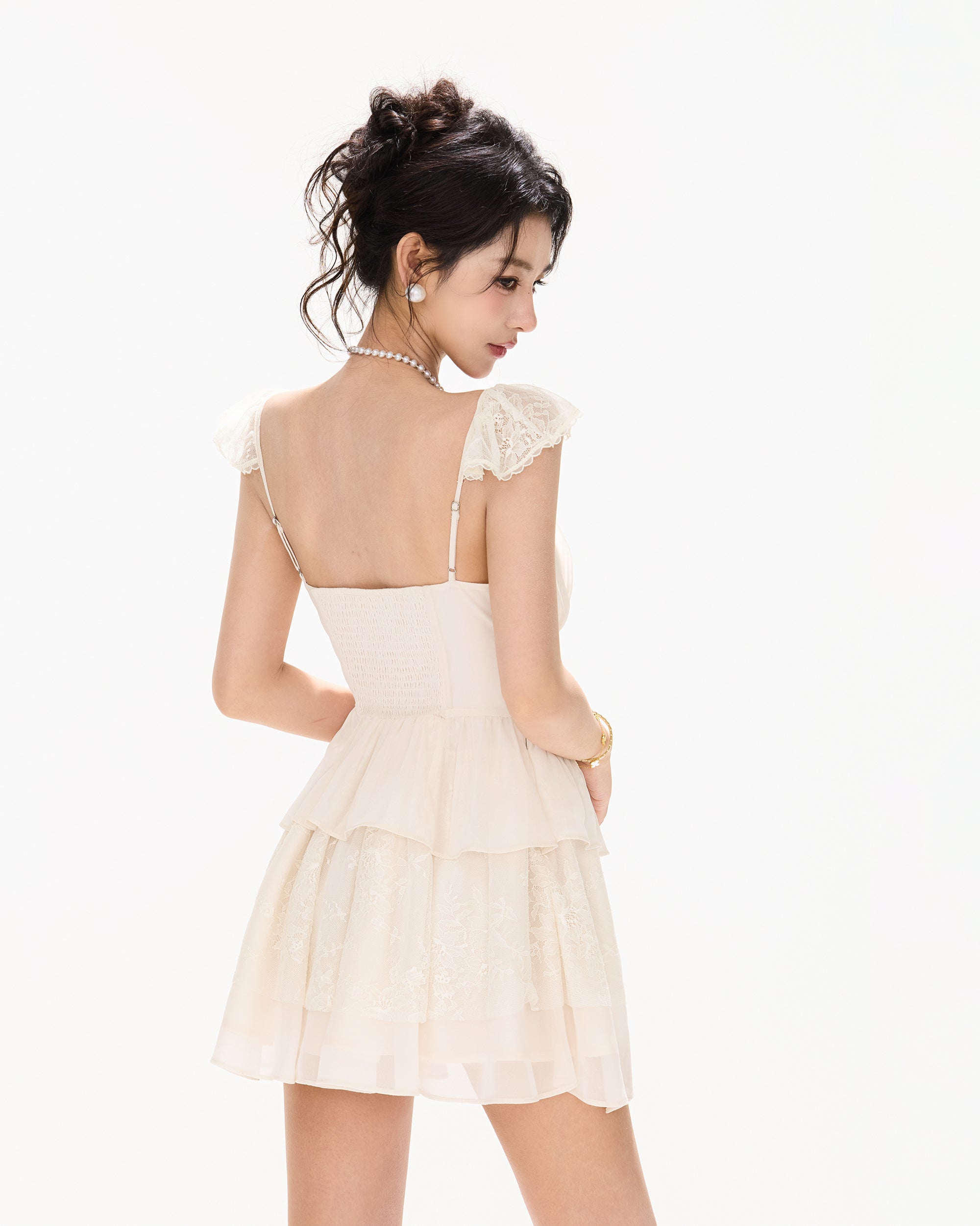 CYNR Lace-Trim Bow-Waist Chiffon Mini Dress