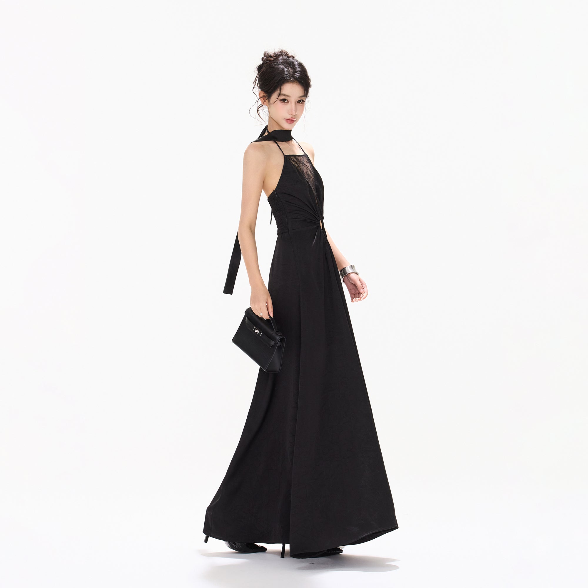 CYNR Ruched Waist Lace V-Neck Halter Maxi Dress
