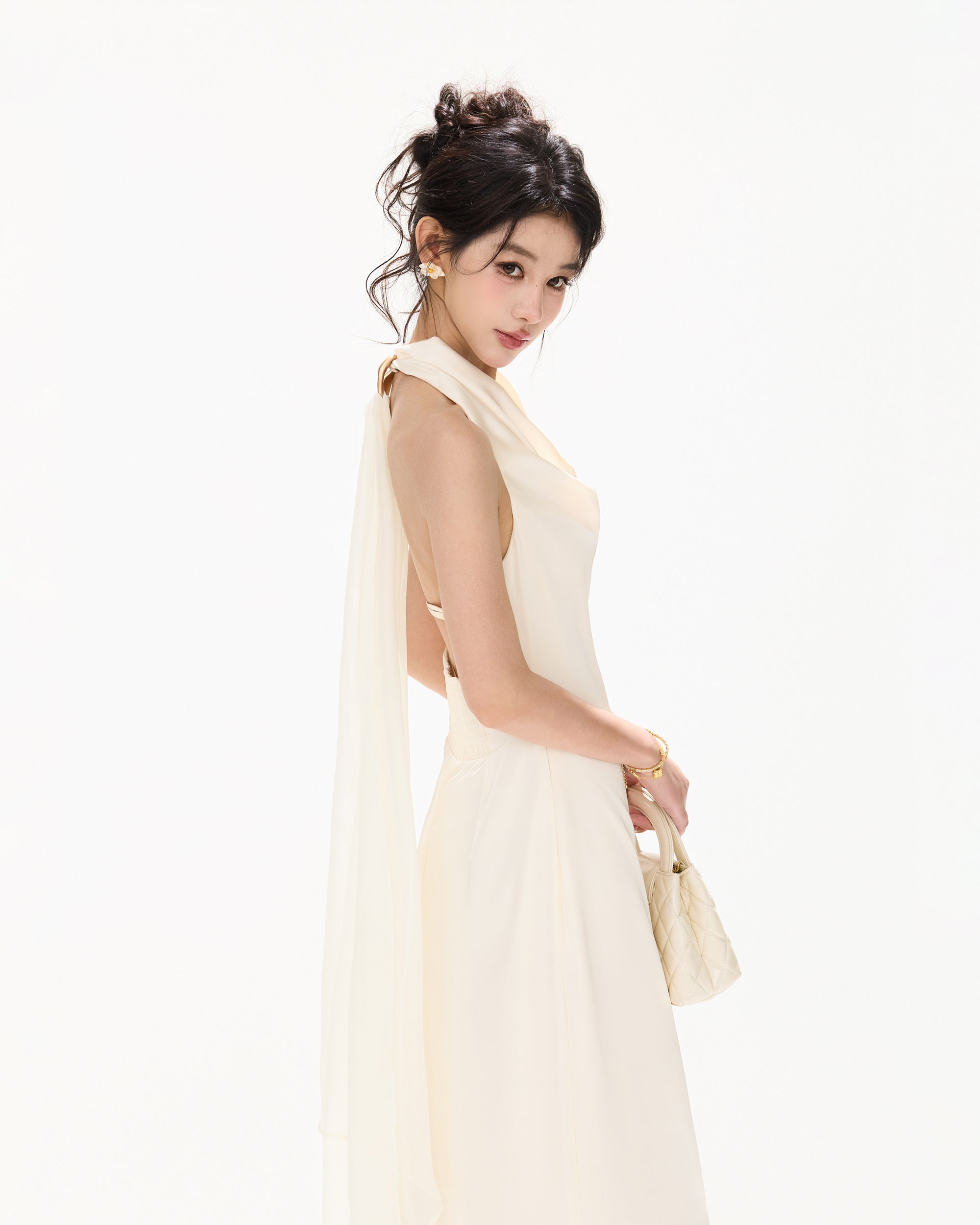 CYNR Draped Scarf-Neck Open-Back Satin Maxi Dress