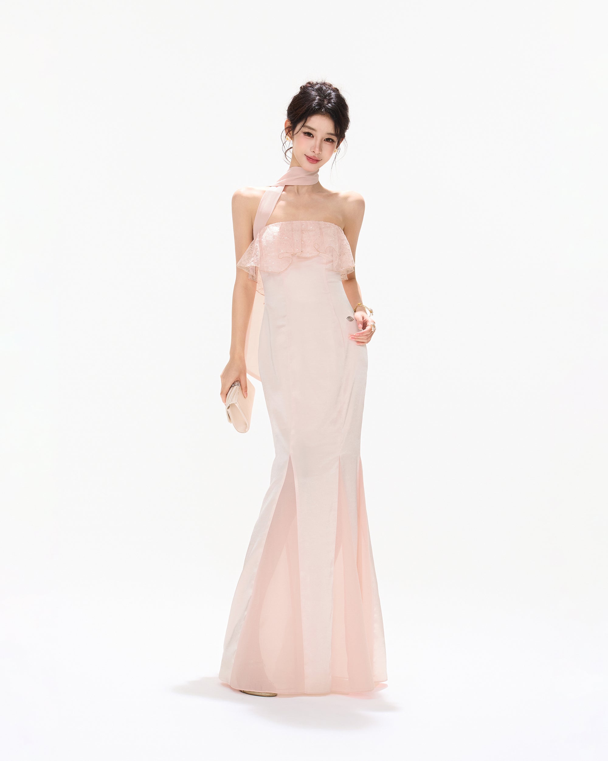 CYNR Lace Ruffle Strapless Mermaid Dress