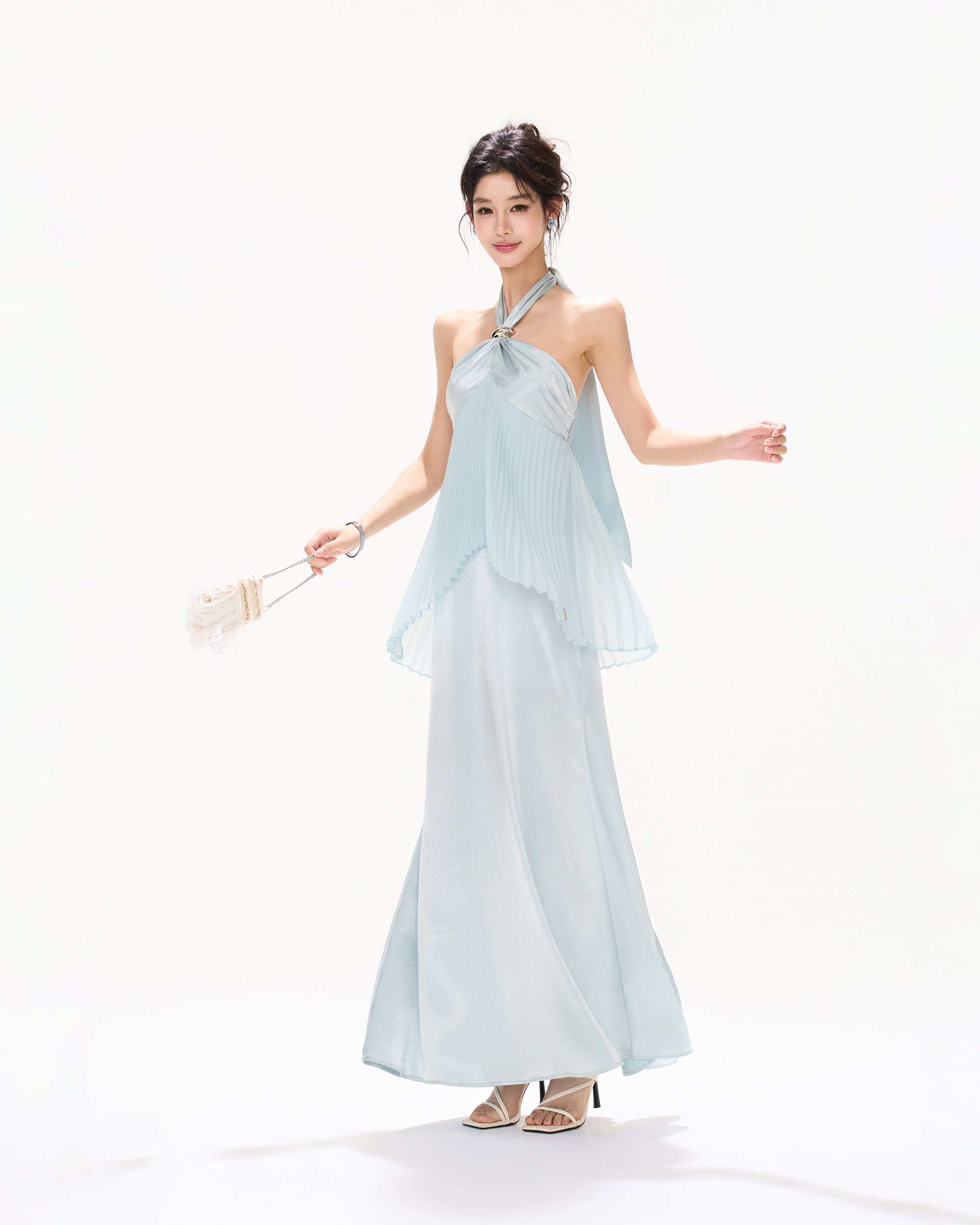 CYNR Pleated Tie-Neck Halter Maxi Dress