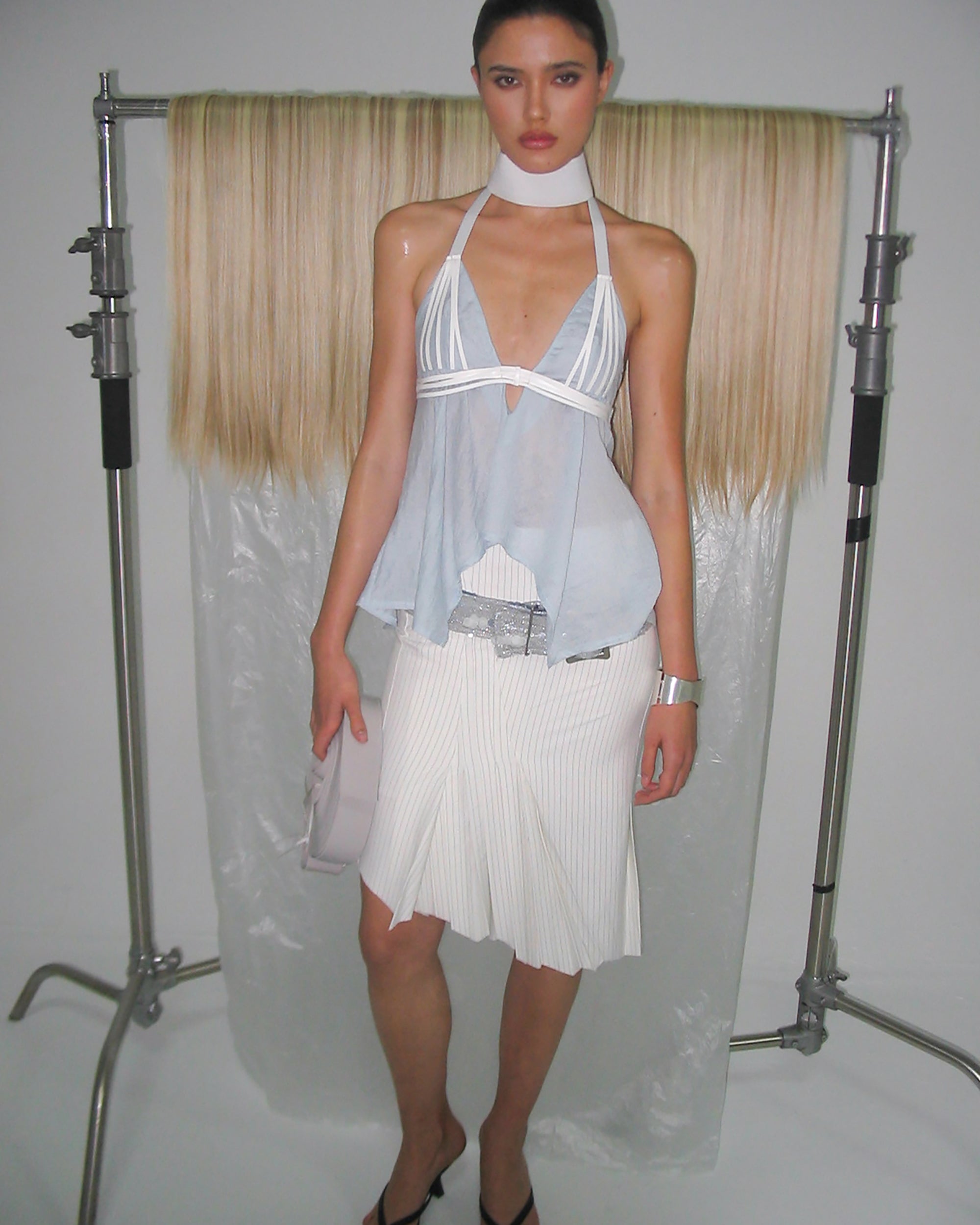 NEVER OFFEND L ANGEL Asymmetric Hem Stripe Double-Layer Pleated Skirt